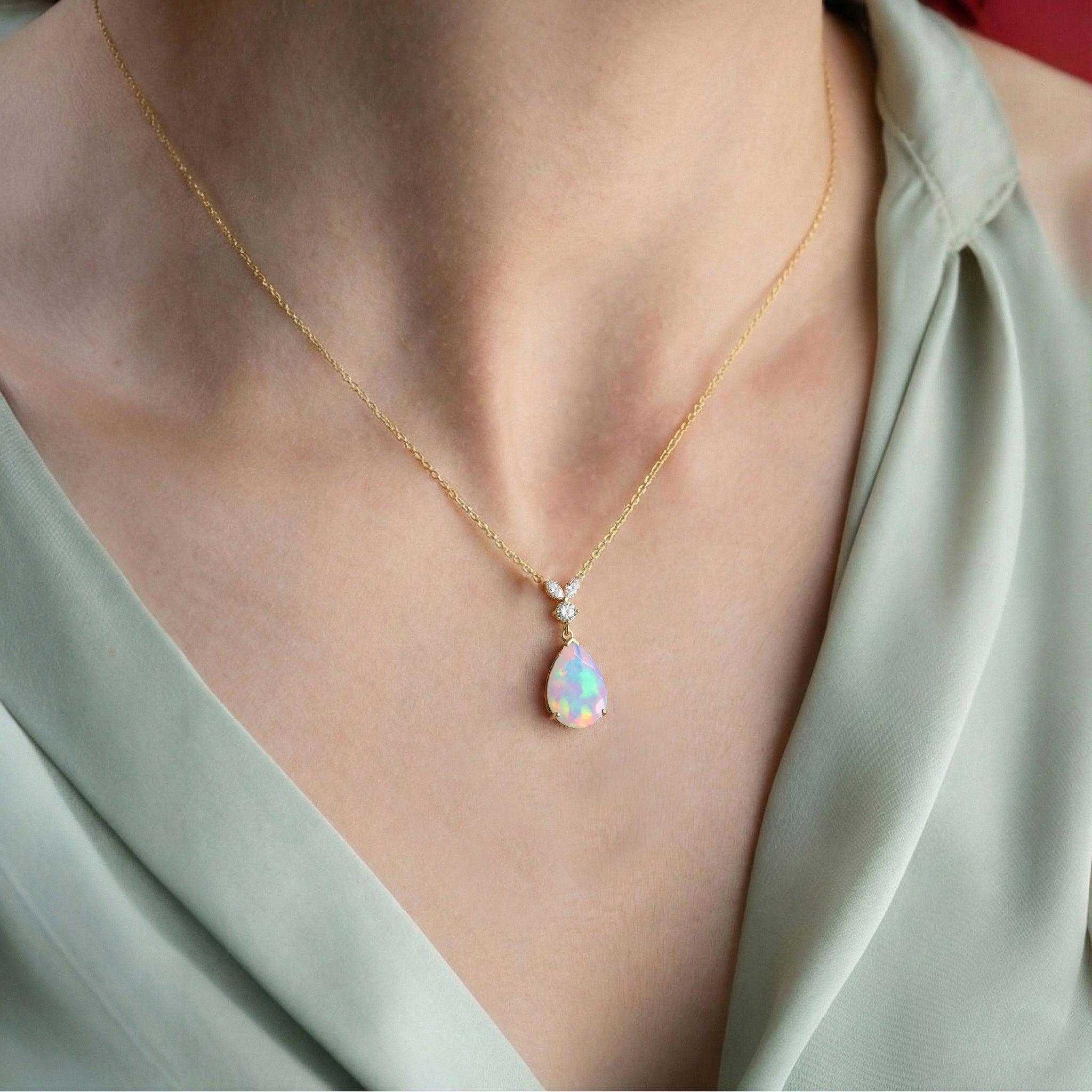 White Opal Pear Teardrop Pendant Necklace in Yellow Gold Plated 1.7ct