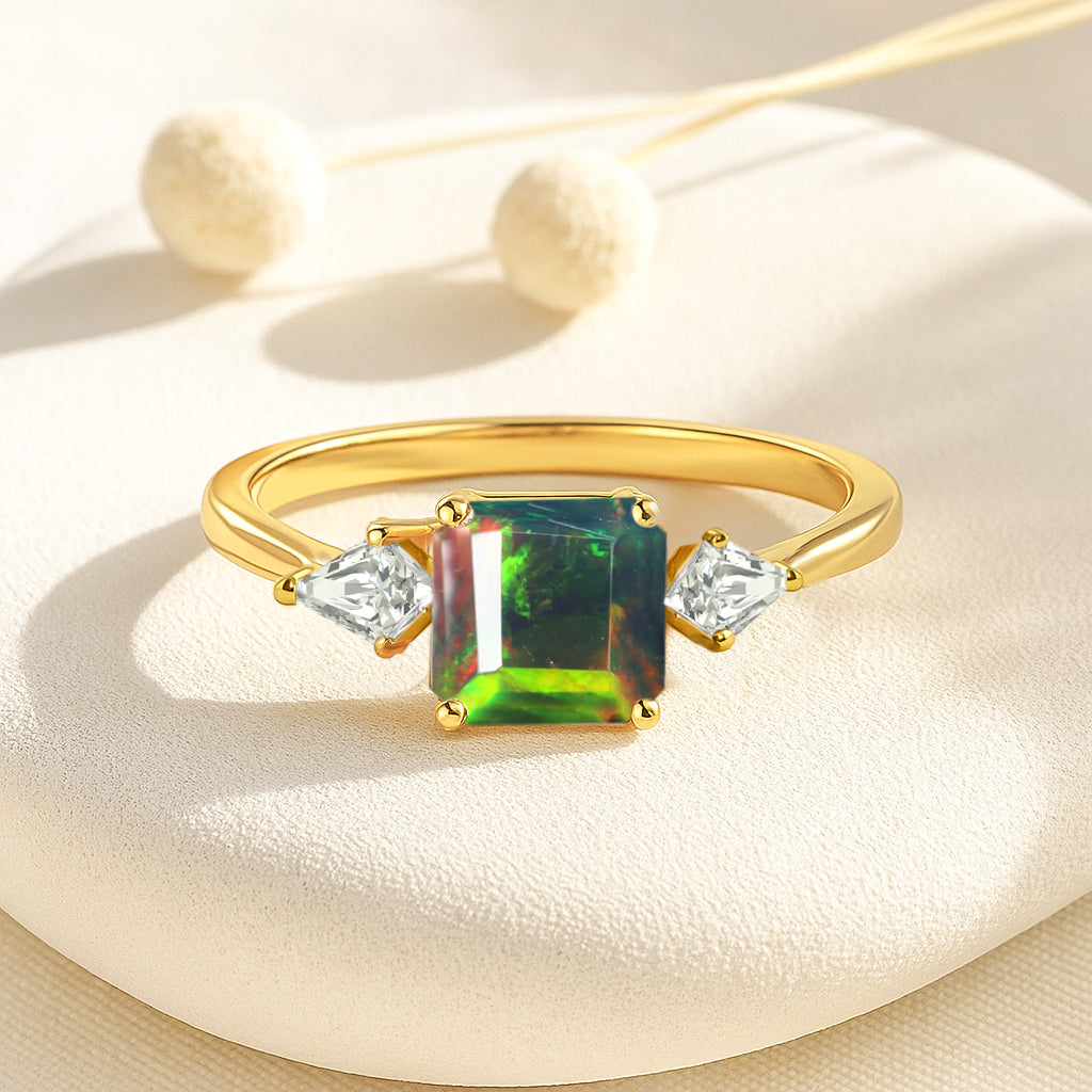 Three Stone Ring with Natural Black Opal and Cubic Zirconia for Her