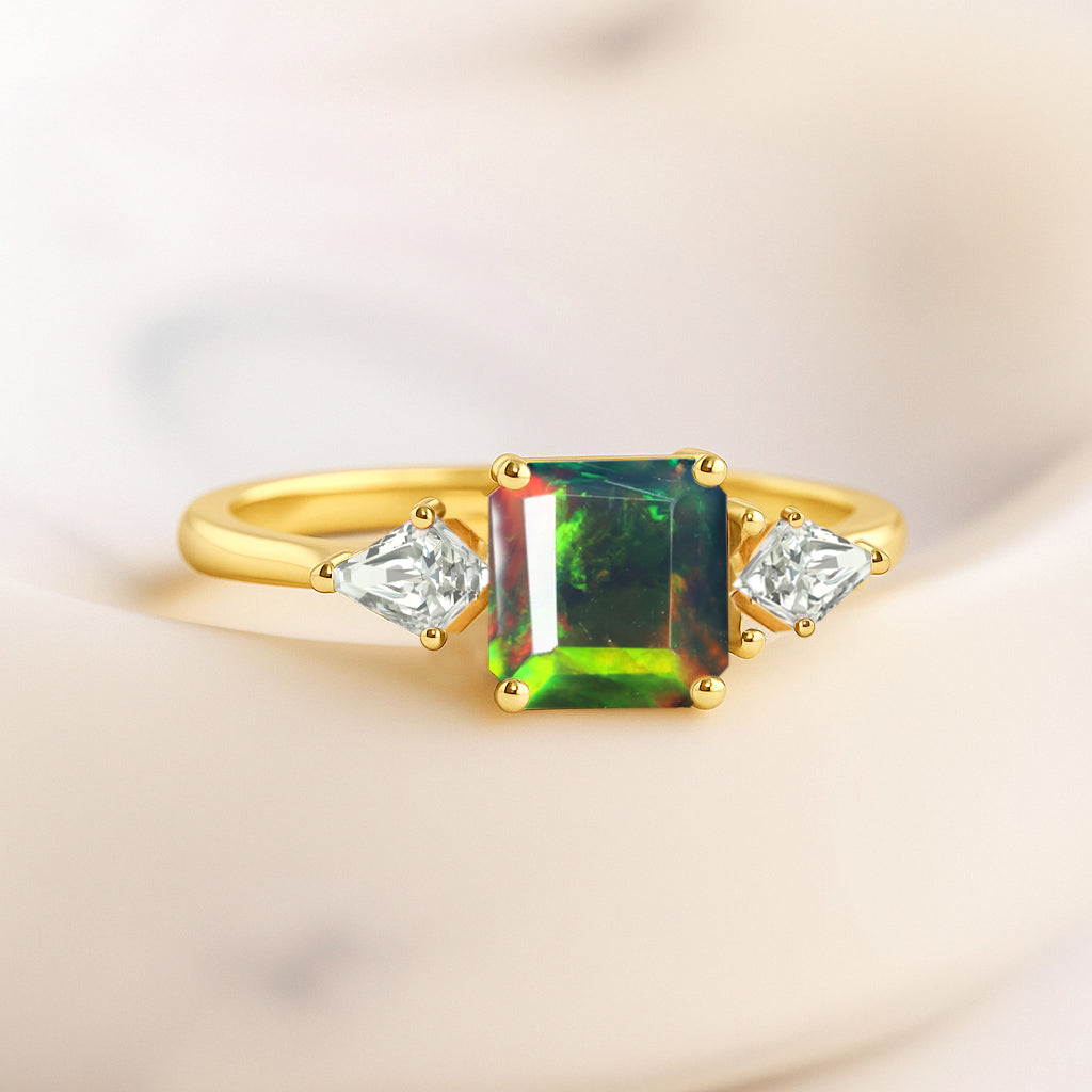 Three Stone Ring with Natural Black Opal and Cubic Zirconia for Her