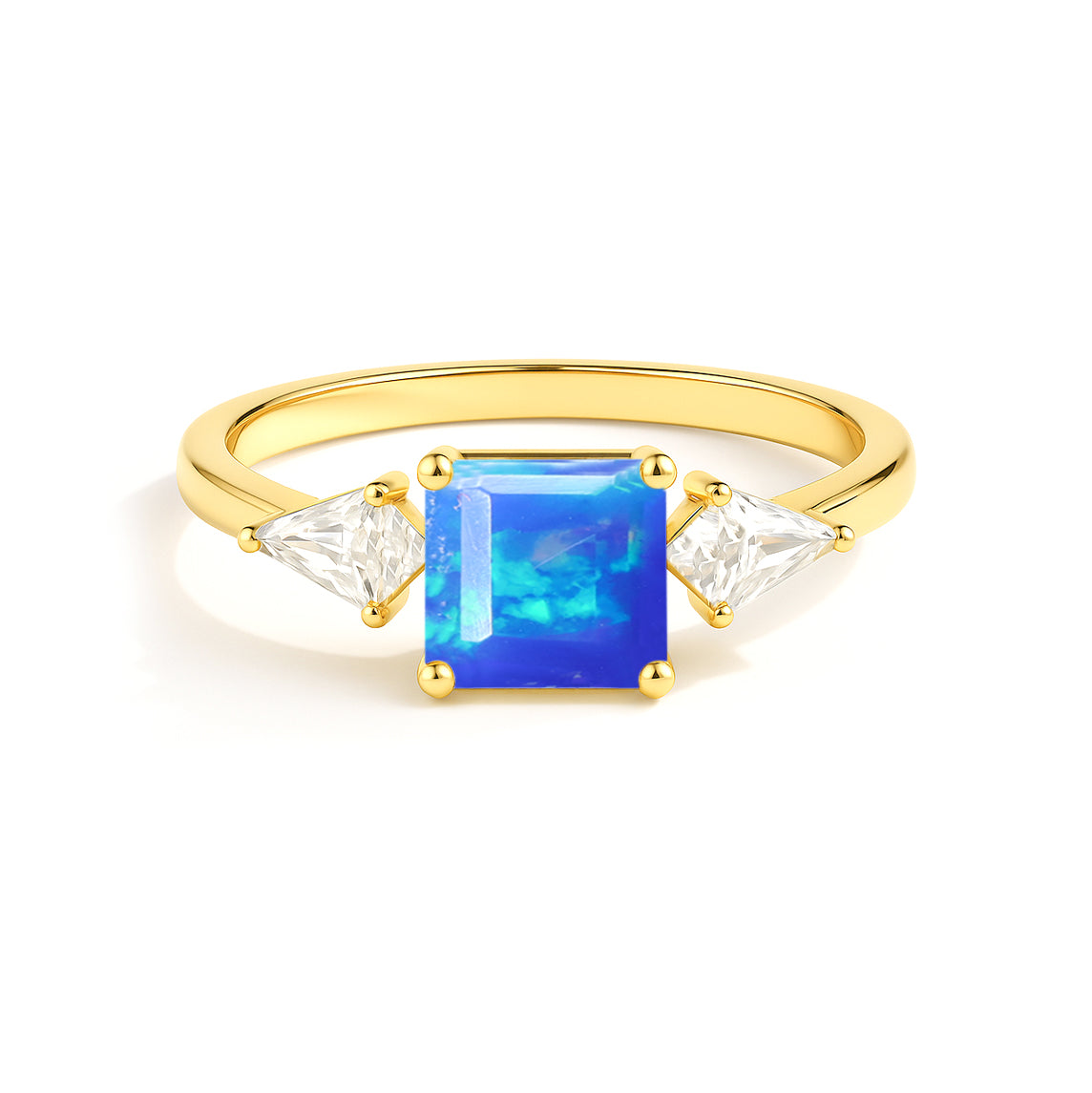 Three Stone Ring with Natural Blue Opal and Cubic Zirconia for Her