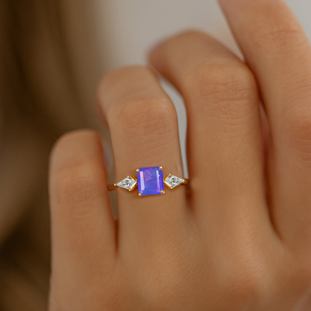 Three Stone Ring with Natural Lavender Opal and Cubic Zirconia for Her