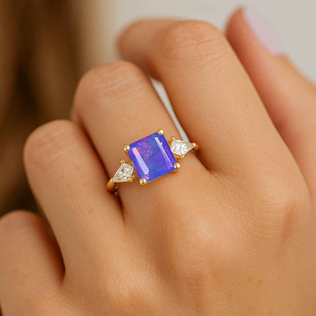 Three Stone Ring with Natural Lavender Opal and Cubic Zirconia for Her