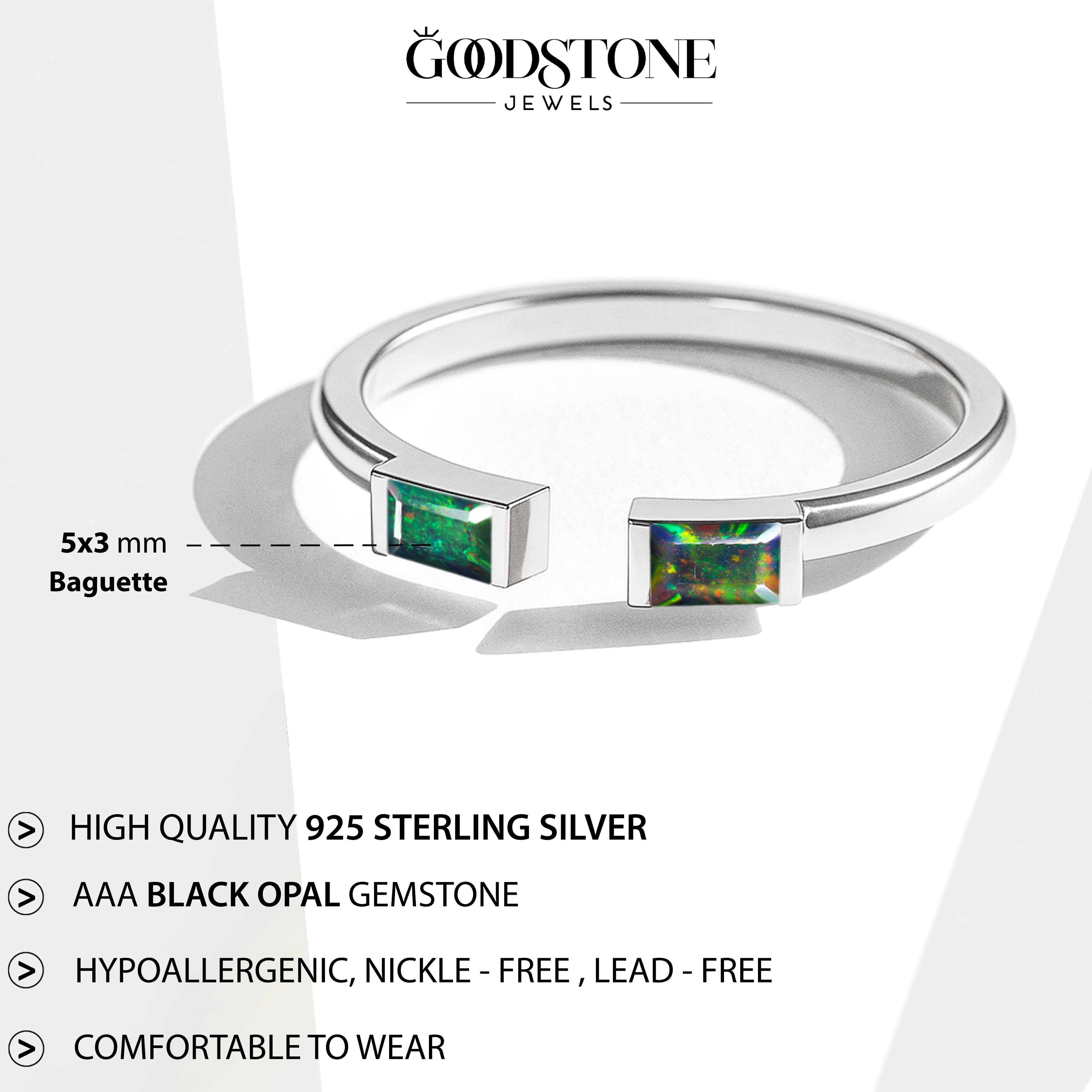 Natural Black Opal Baguette Open Ring in 925 Sterling Silver 5x2mm 0.50ct