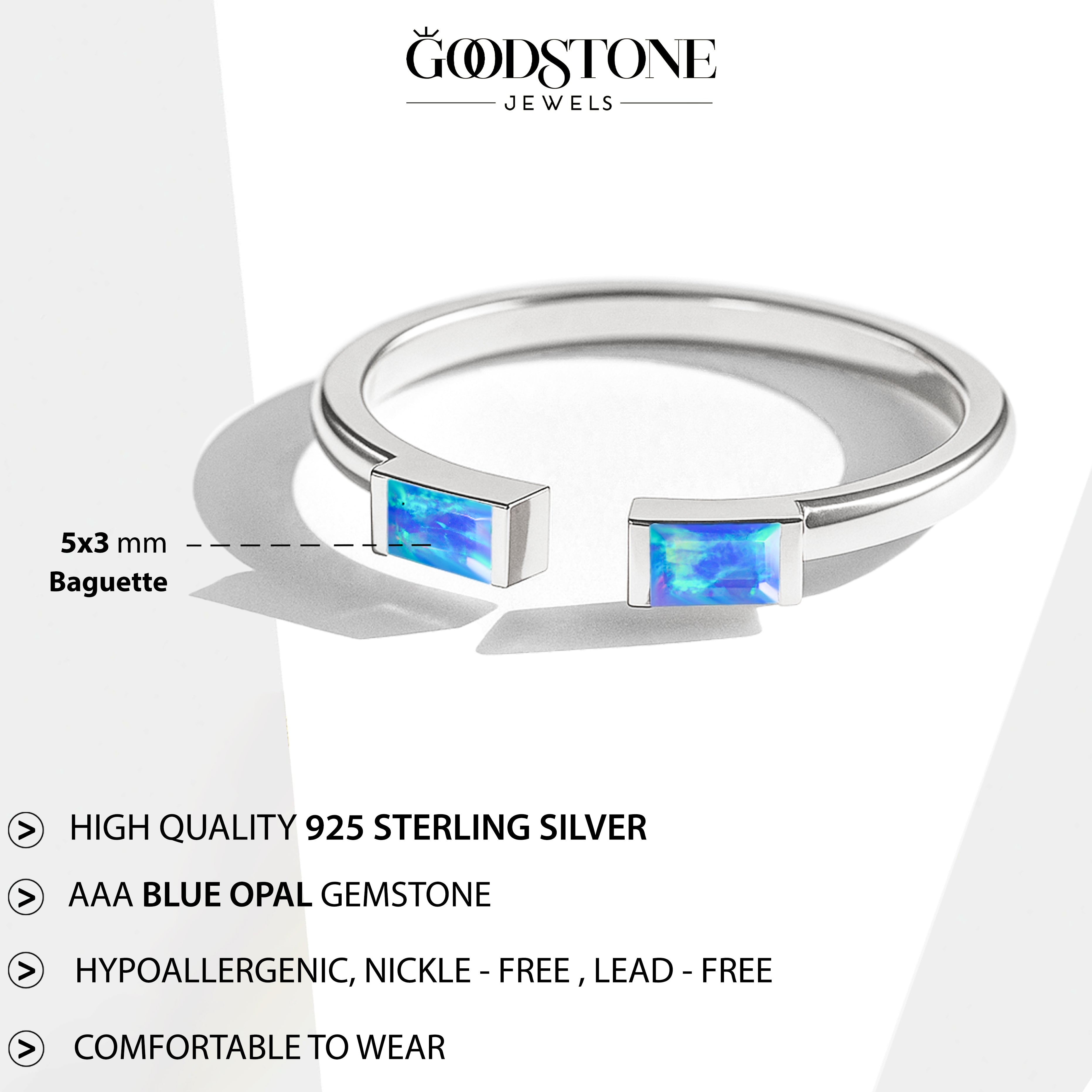 Natural Blue Opal Baguette Open Ring in 925 Sterling Silver 5x2mm 0.50ct