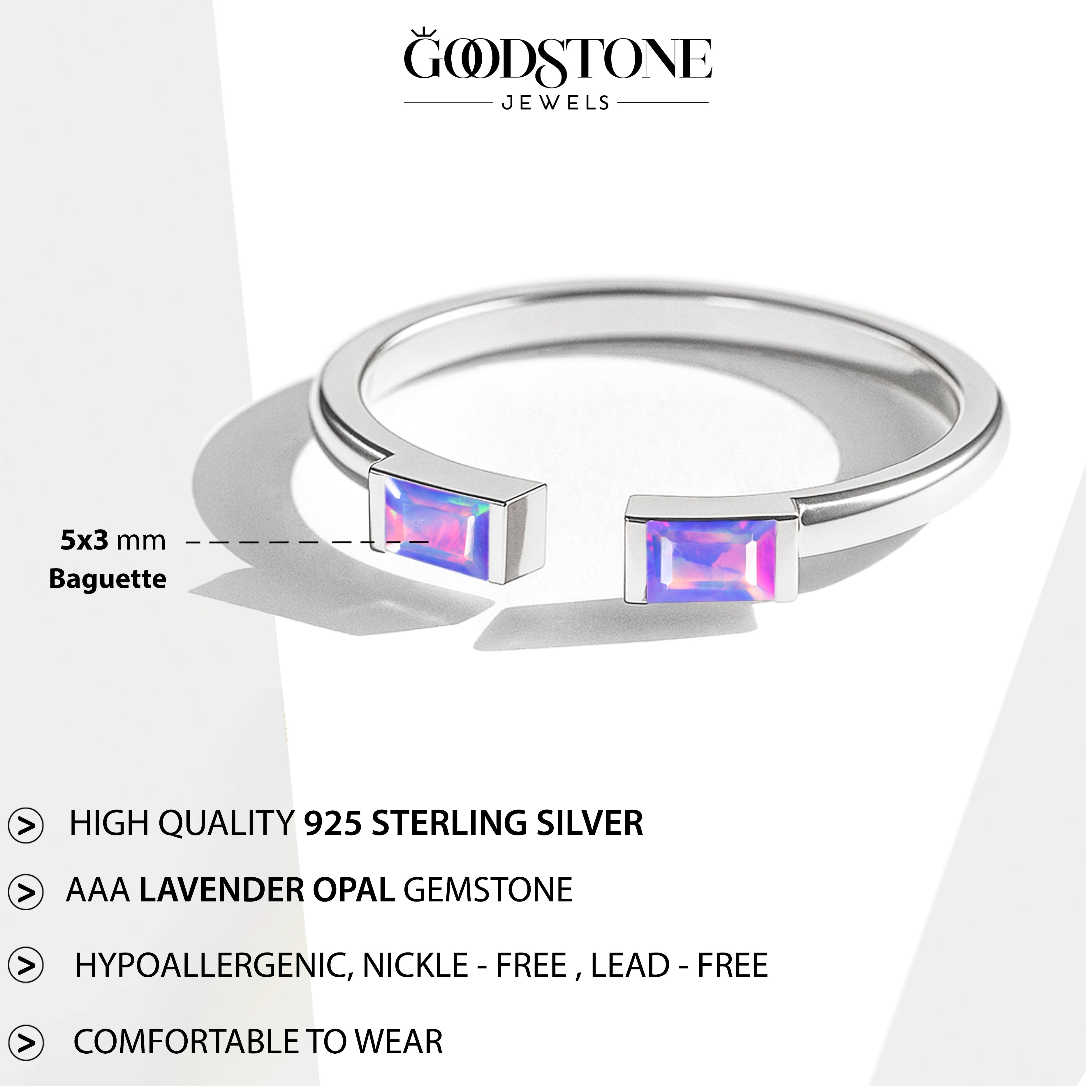 Natural Lavender Opal Baguette Open Ring in 925 Sterling Silver 5x2mm 0.50ct