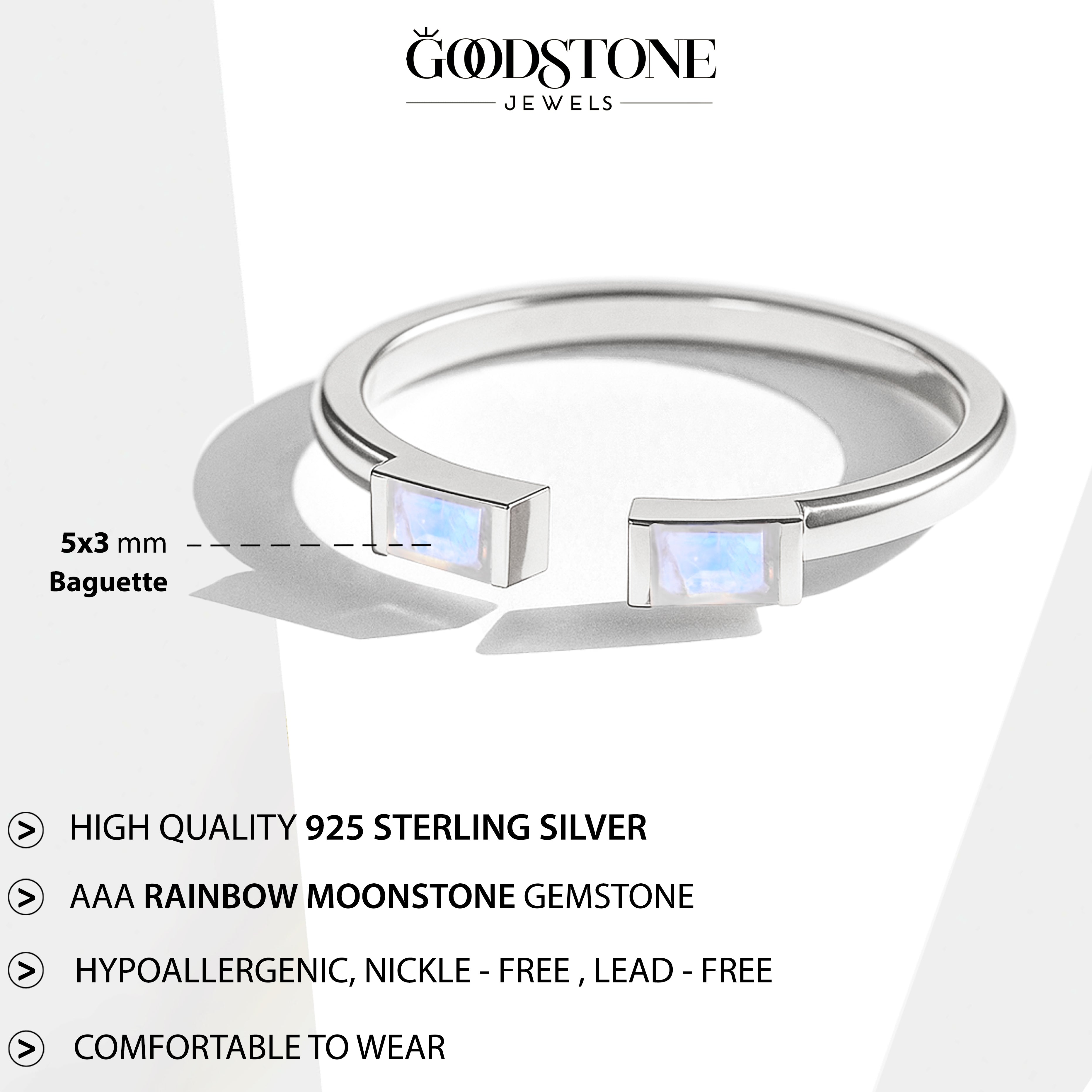 Natural Moonstone Baguette Open Ring in 925 Sterling Silver 5x2mm 0.80ct