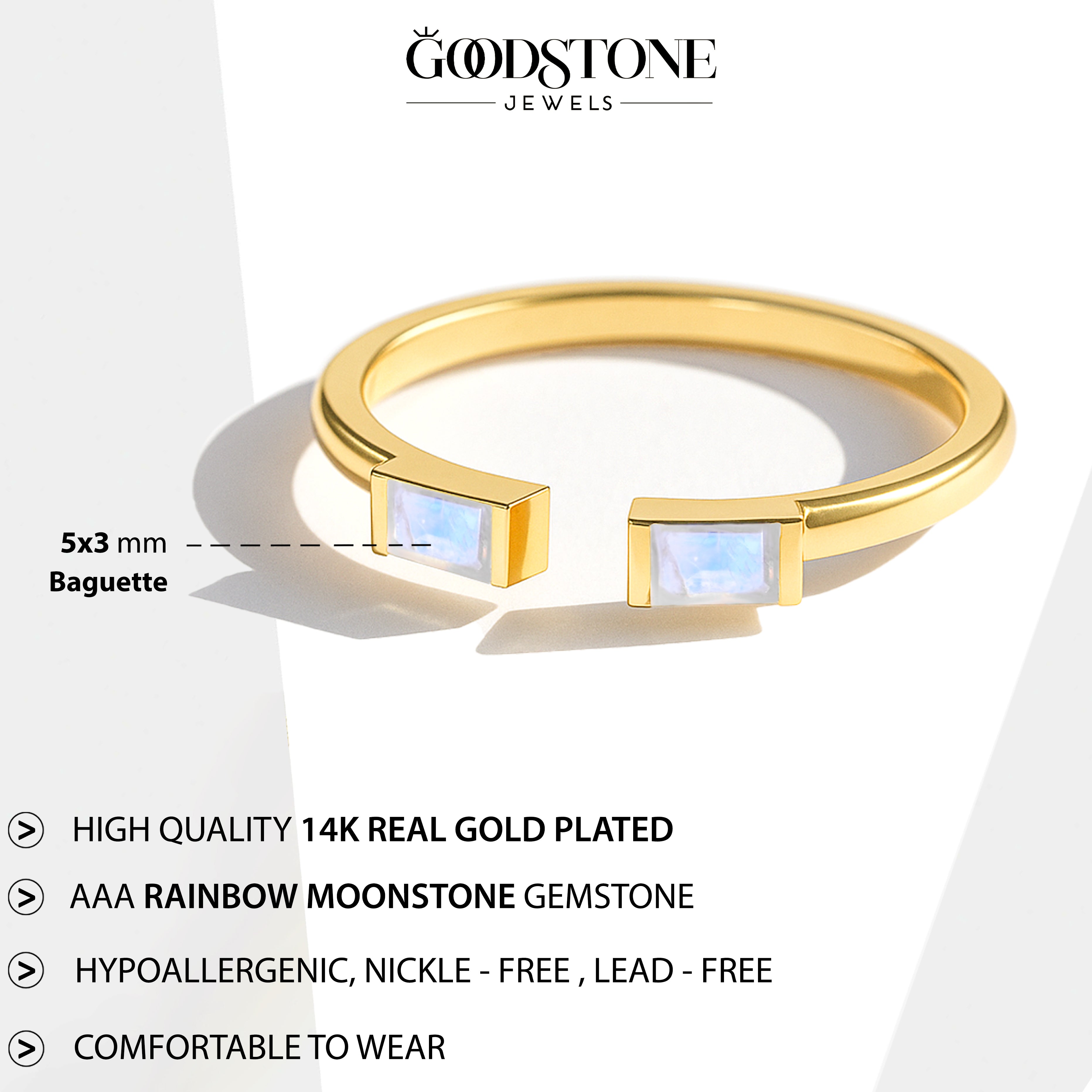 Natural Moonstone Baguette Open Ring in 925 Sterling Silver 5x2mm 0.80ct