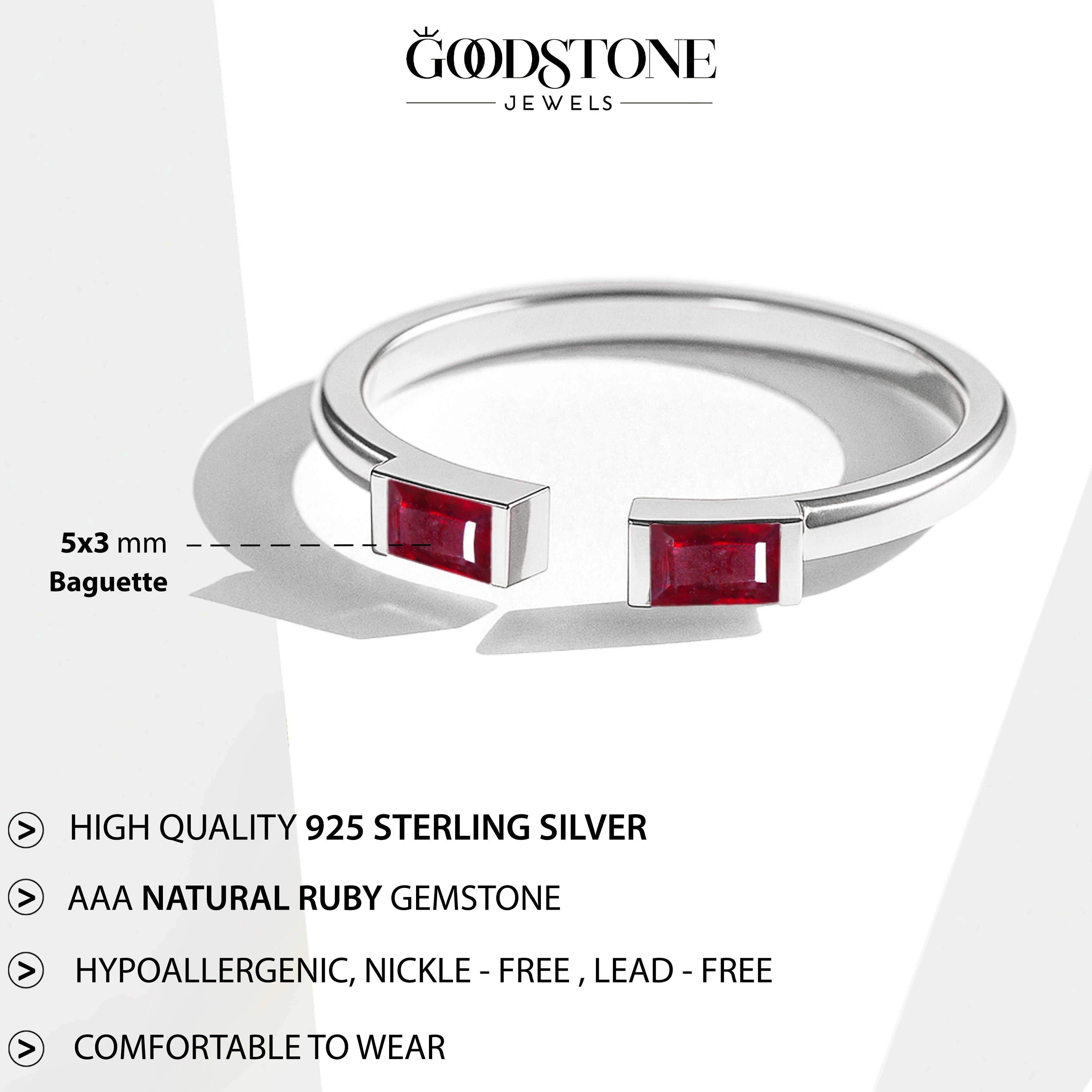 Natural Ruby Baguette Open Ring in 925 Sterling Silver 5x2mm 0.80ct