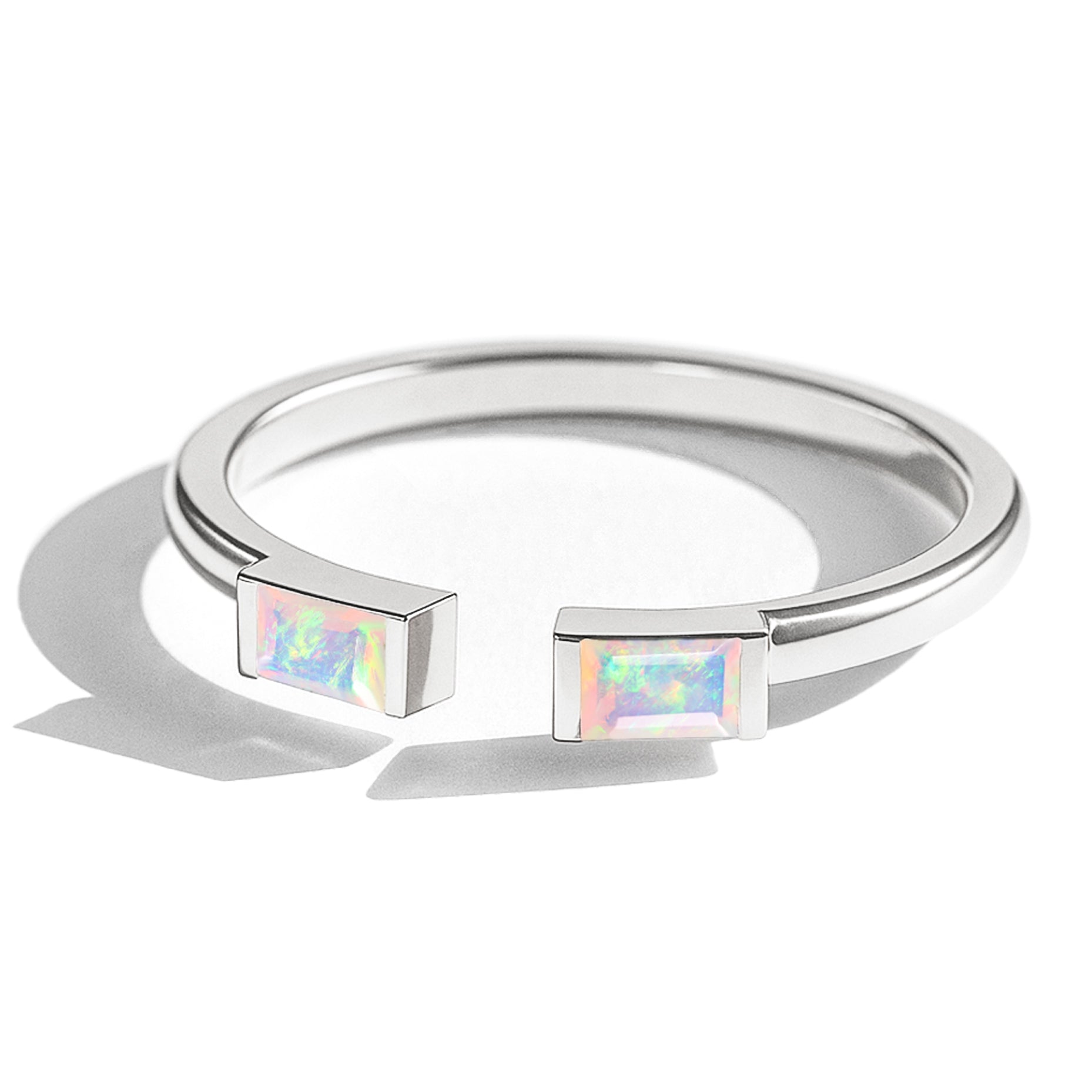 Natural White Opal Baguette Open Ring in 925 Sterling Silver 5x2mm 0.50ct