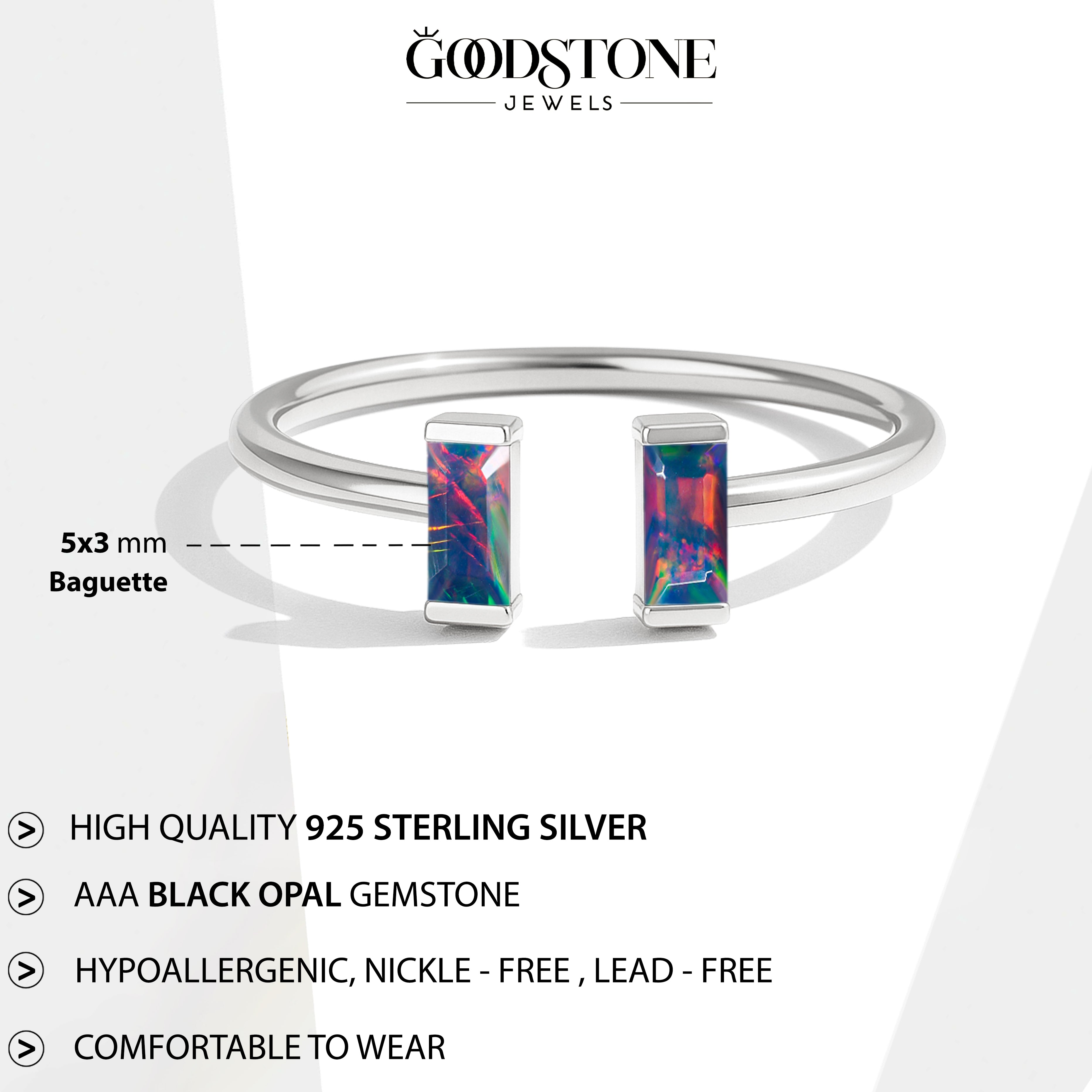 Natural Black Opal Baguette Open Ring in 925 Sterling Silver 5x2mm 0.50ct