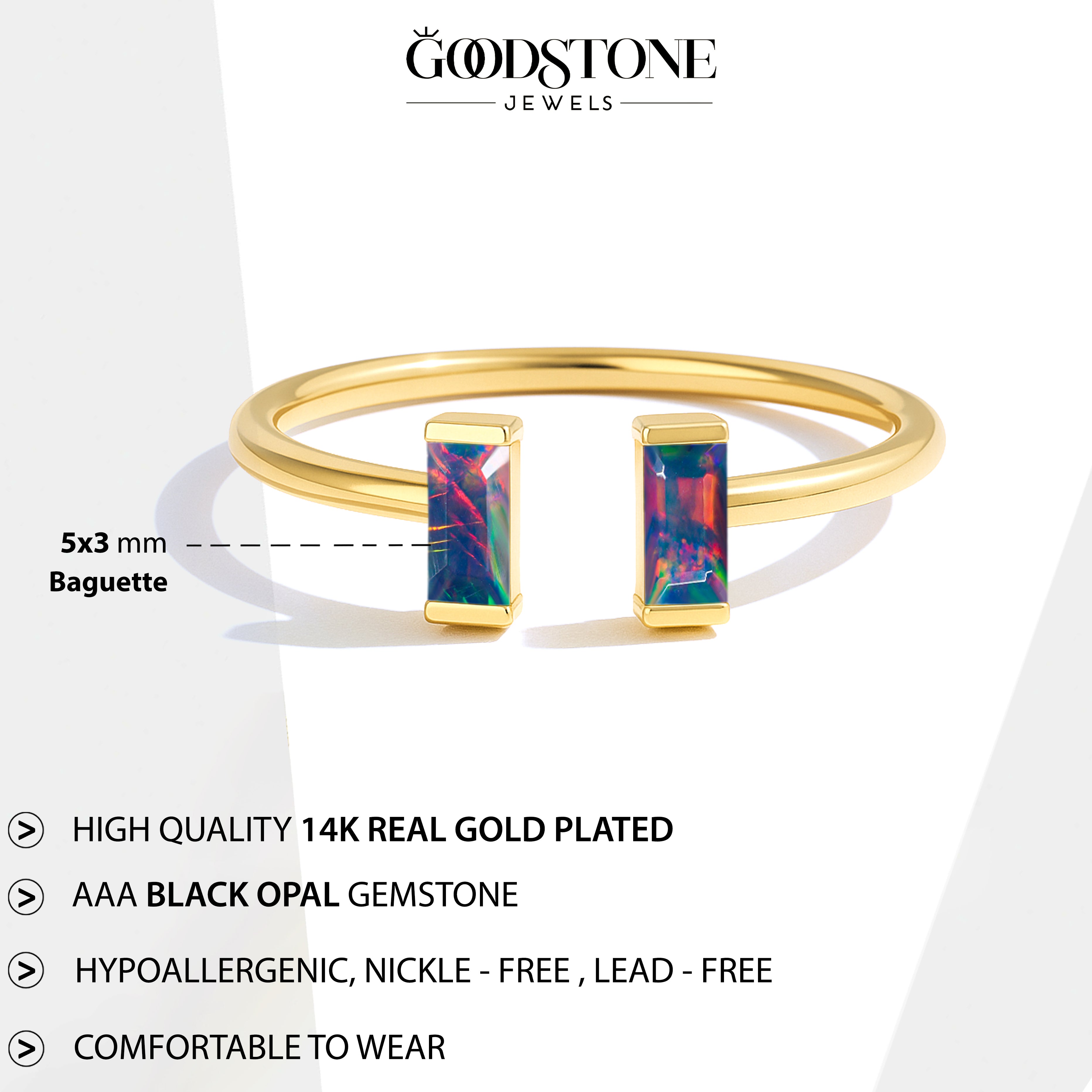 Natural Black Opal Baguette Open Ring in 925 Sterling Silver 5x2mm 0.50ct