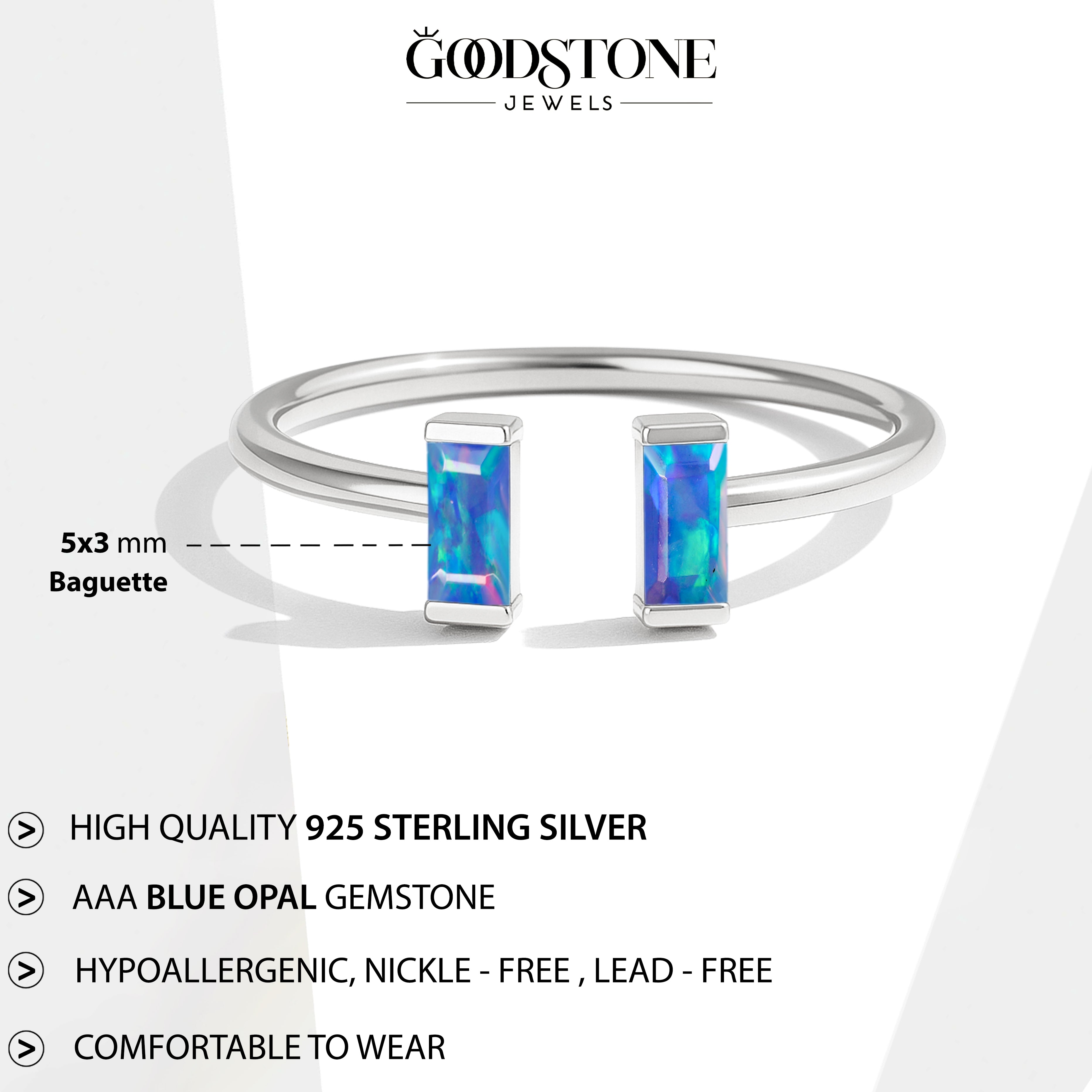 Natural Blue Opal Baguette Open Ring in 925 Sterling Silver 5x2mm 0.50ct
