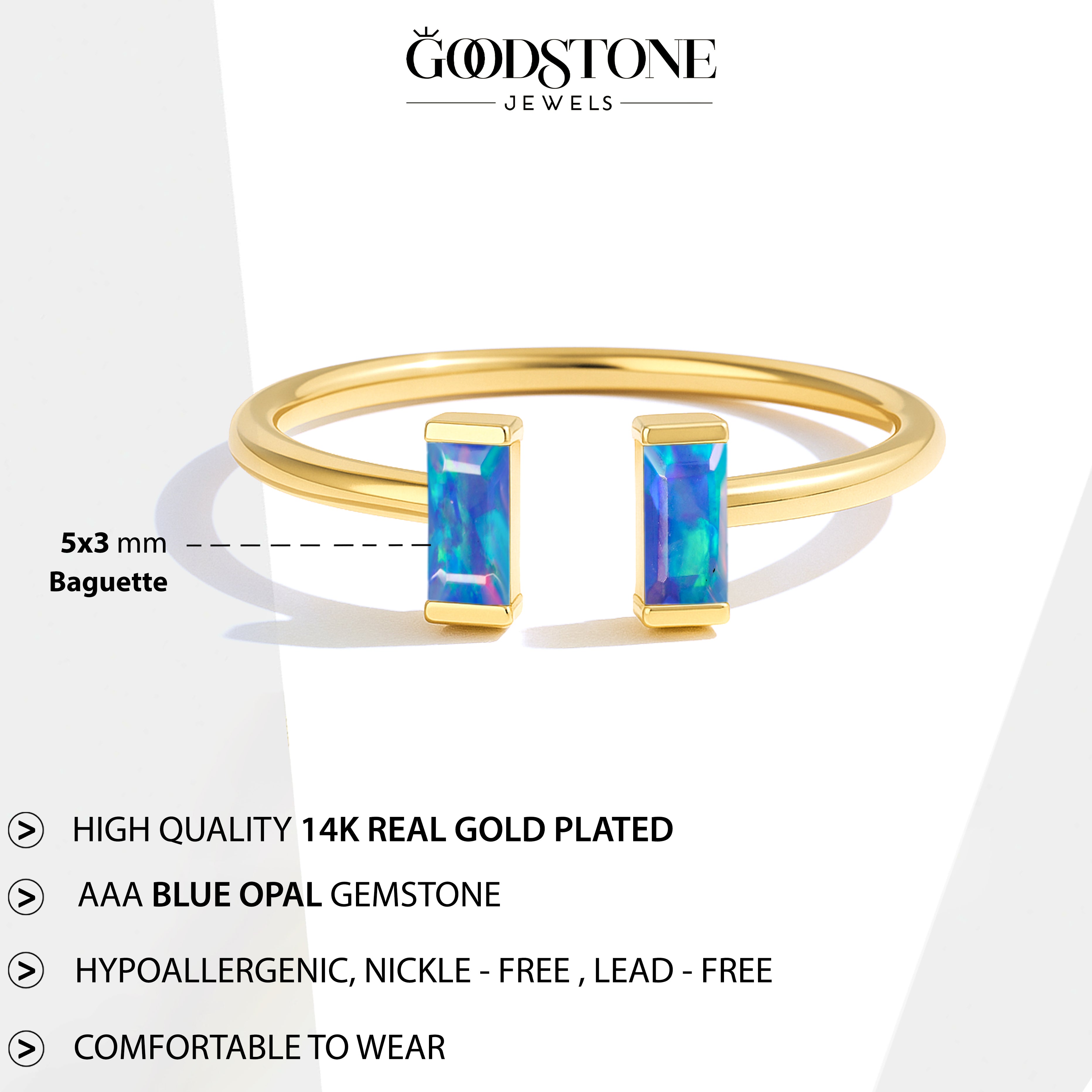 Natural Blue Opal Baguette Open Ring in 925 Sterling Silver 5x2mm 0.50ct