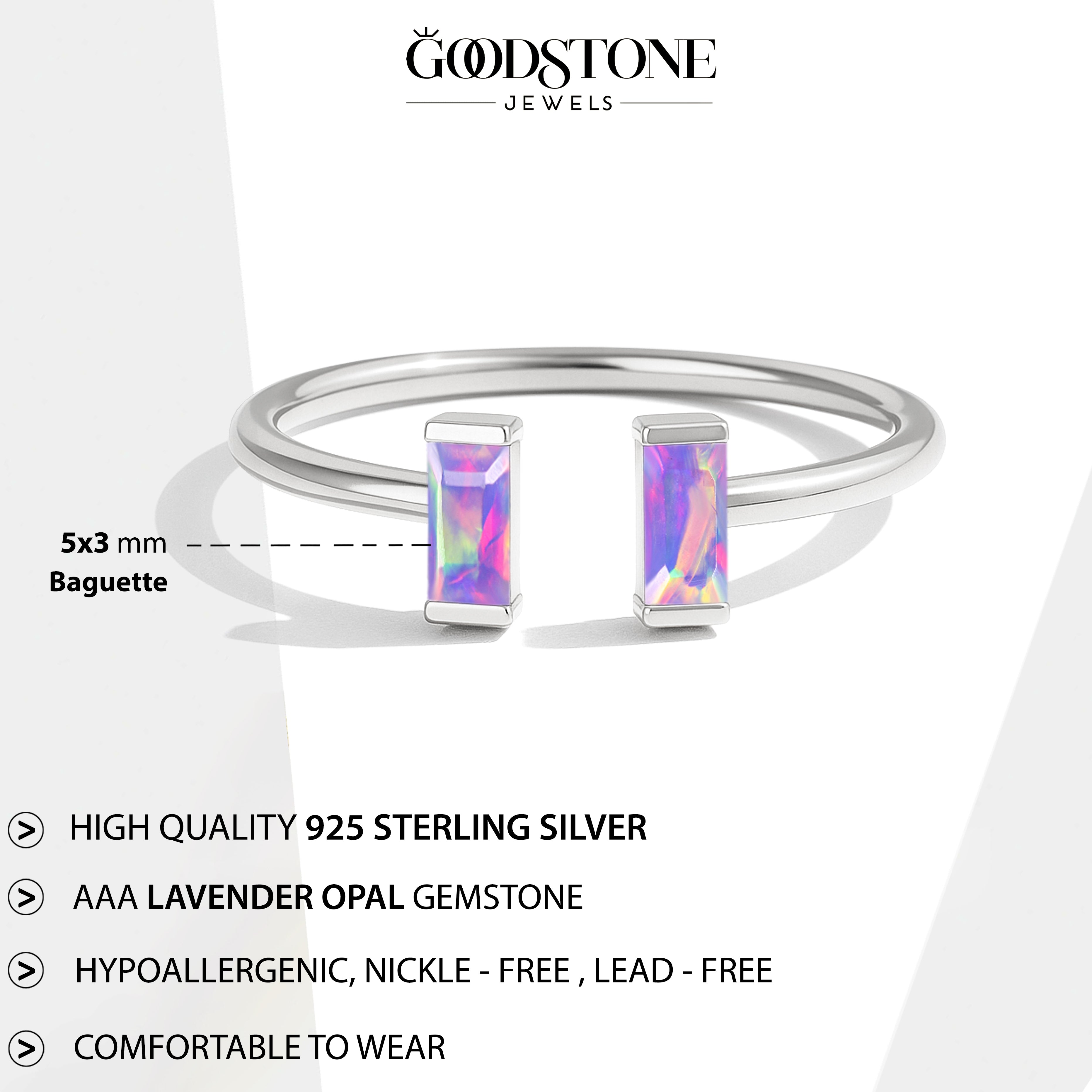 Natural Lavender Opal Baguette Open Ring in 925 Sterling Silver 5x2mm 0.50ct