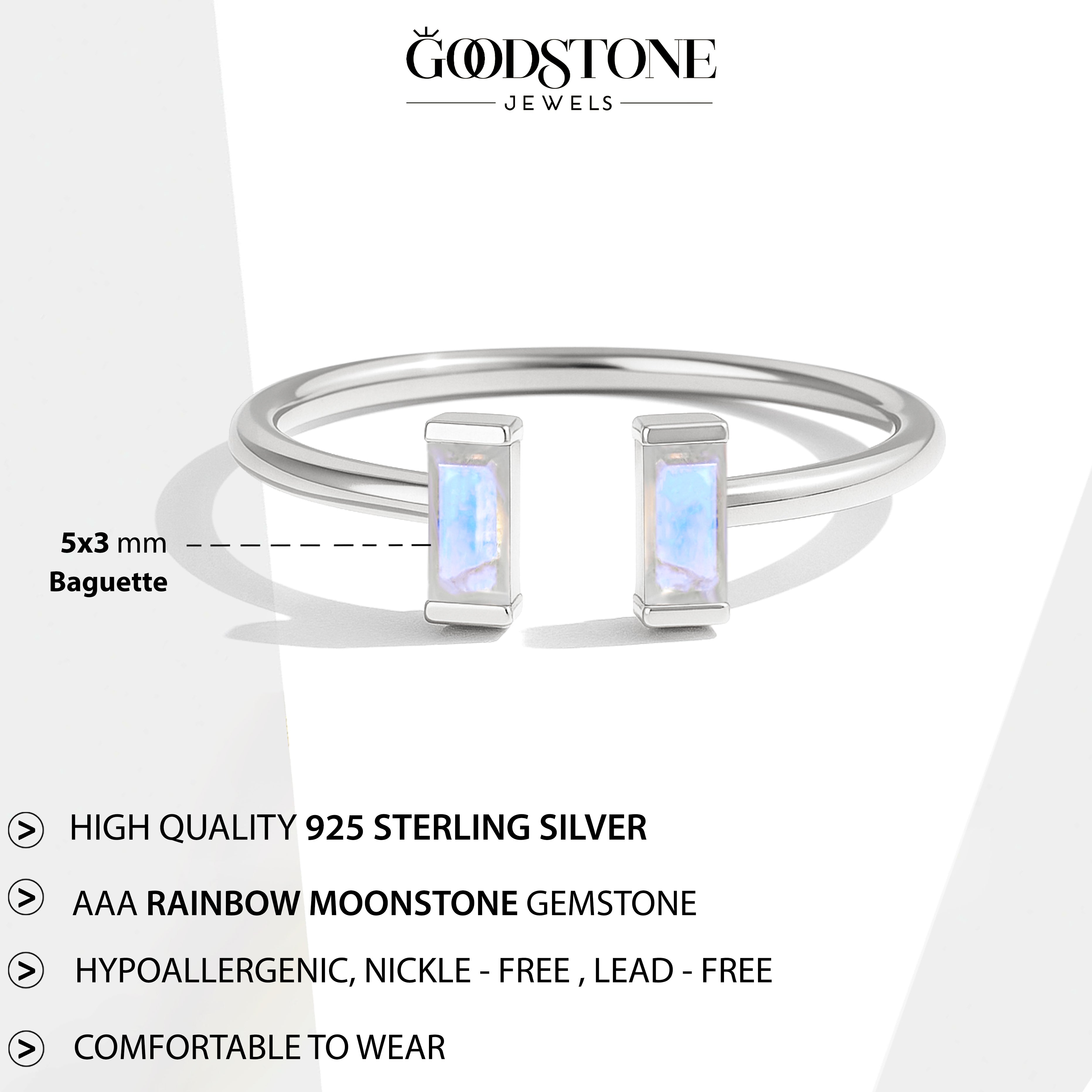 Natural Moonstone Baguette Open Ring in 925 Sterling Silver 5x2mm 0.80ct