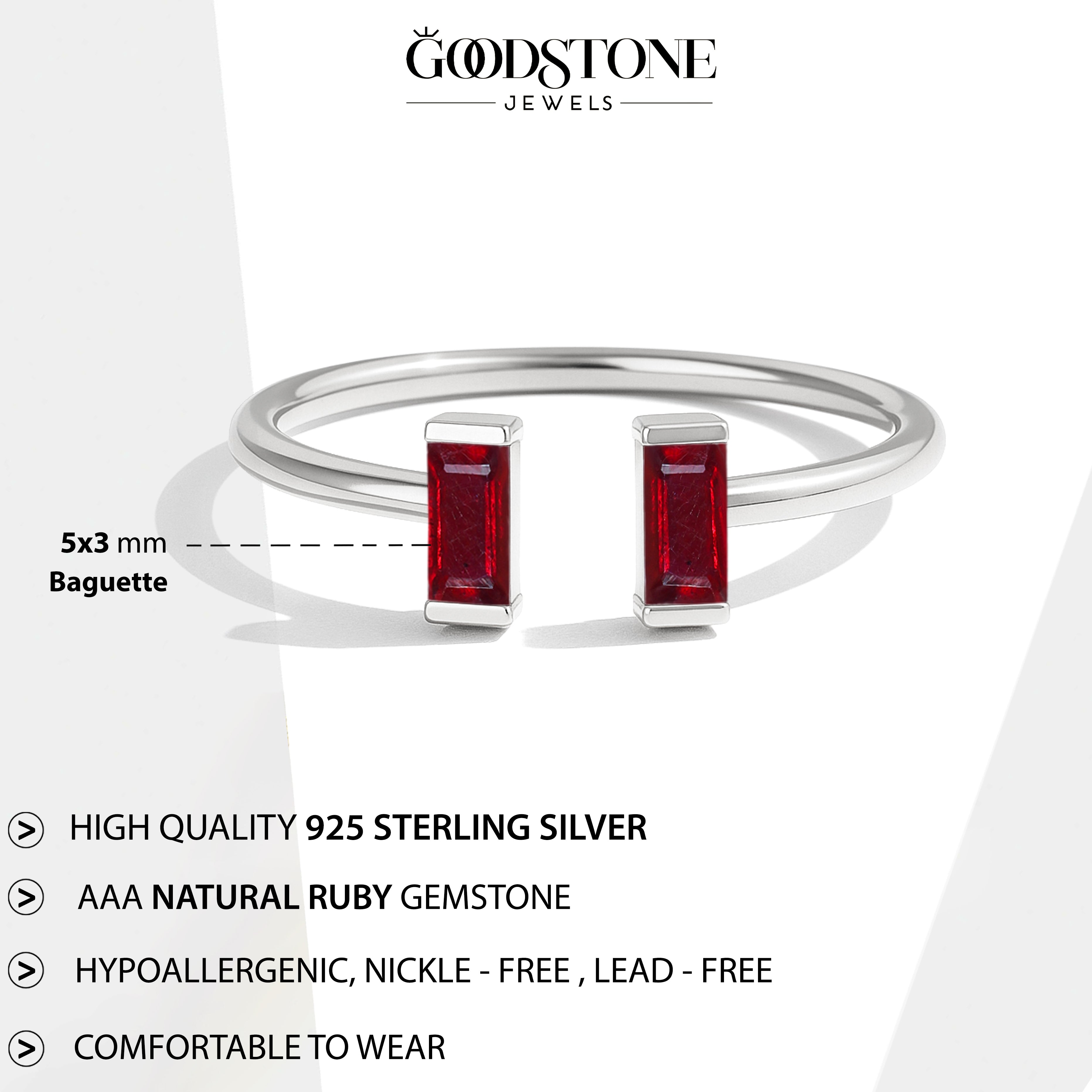 Natural Ruby Baguette Open Ring in 925 Sterling Silver 5x2mm 0.80ct