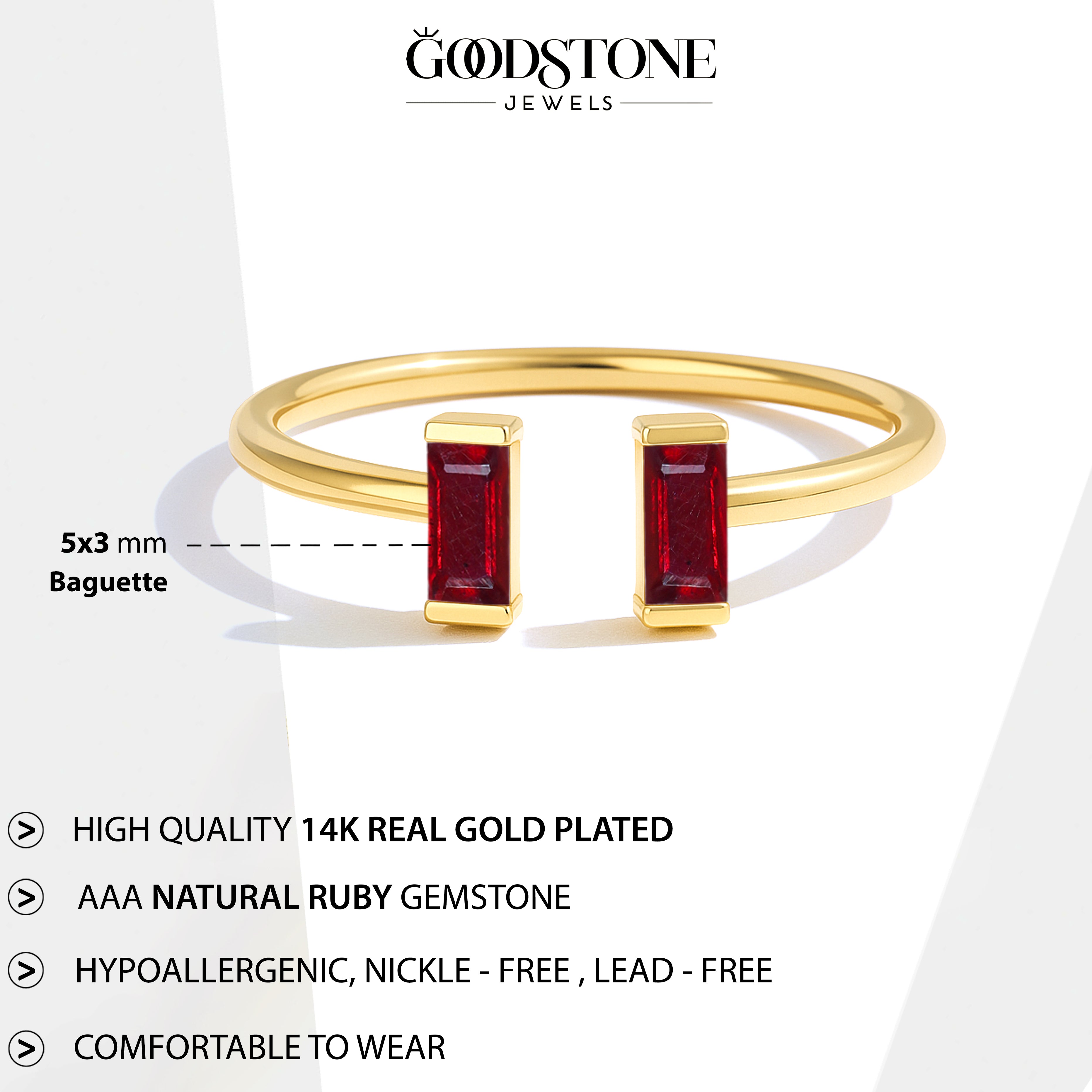 Natural Ruby Baguette Open Ring in 925 Sterling Silver 5x2mm 0.80ct