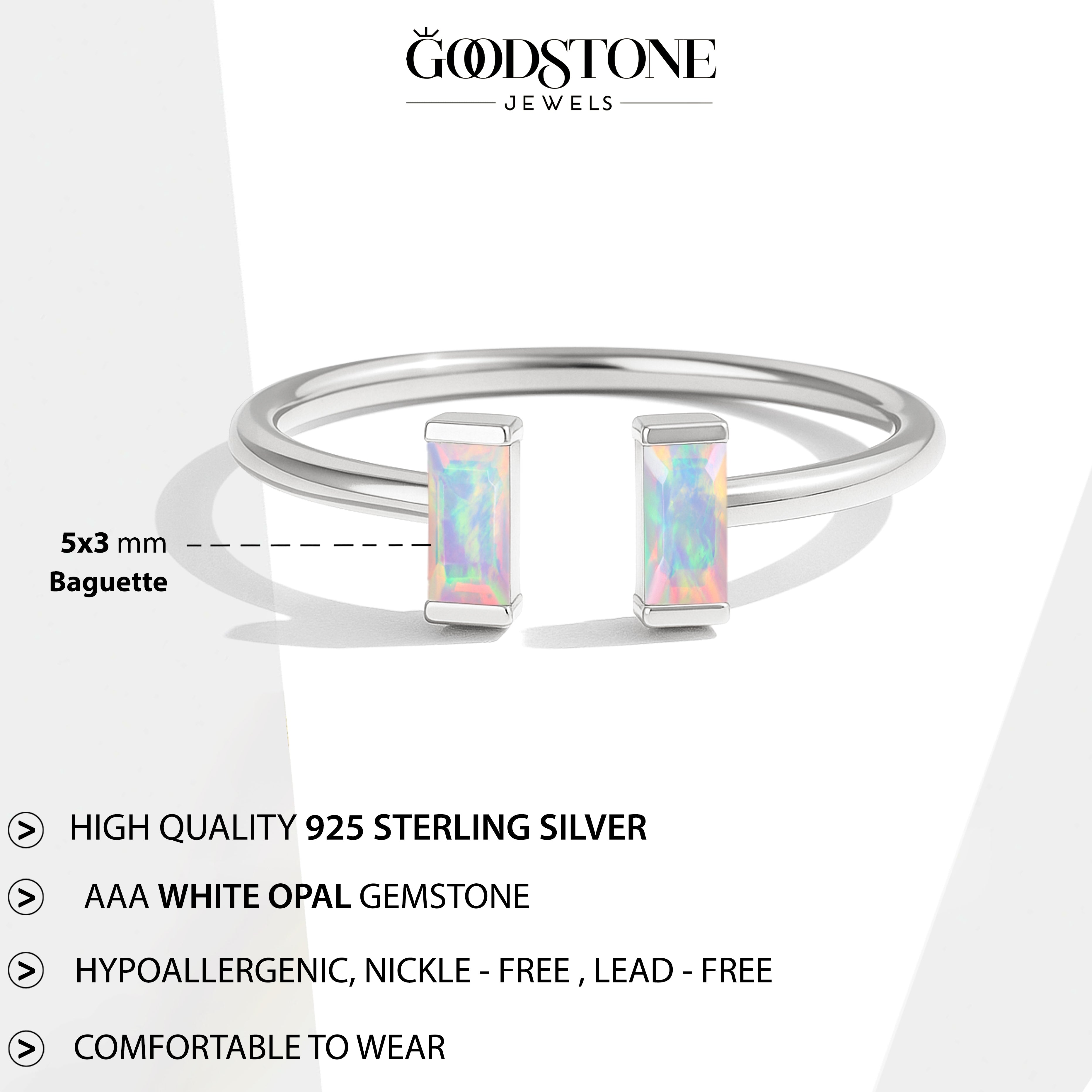Natural White Opal Baguette Open Ring in 925 Sterling Silver 5x2mm 0.50ct