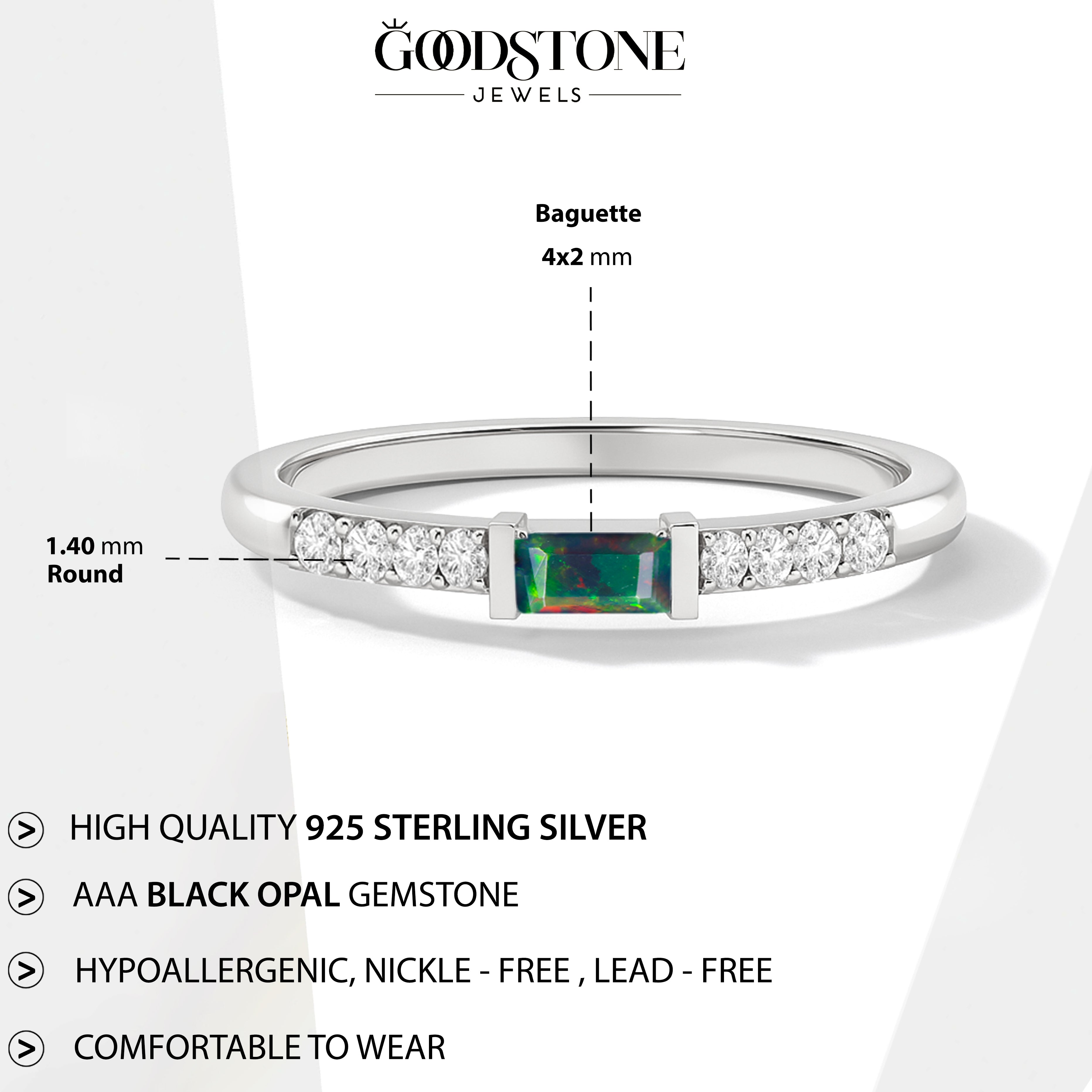 925 Sterling Silver Black Opal Baguette Solitaire Ring with 4x2mm Stone 0.20ct
