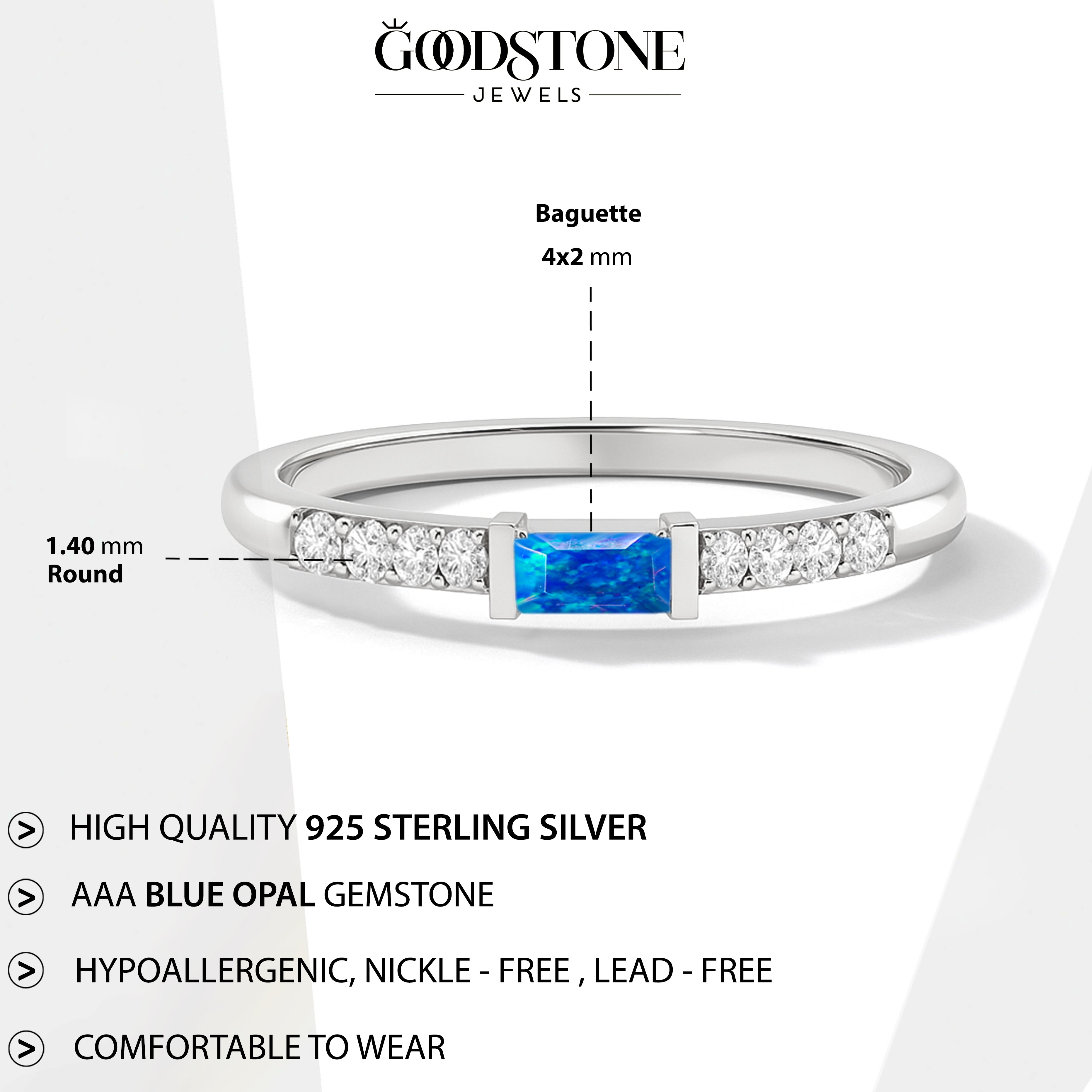 925 Sterling Silver Blue Opal Baguette Solitaire Ring with 4x2mm Stone 0.20ct