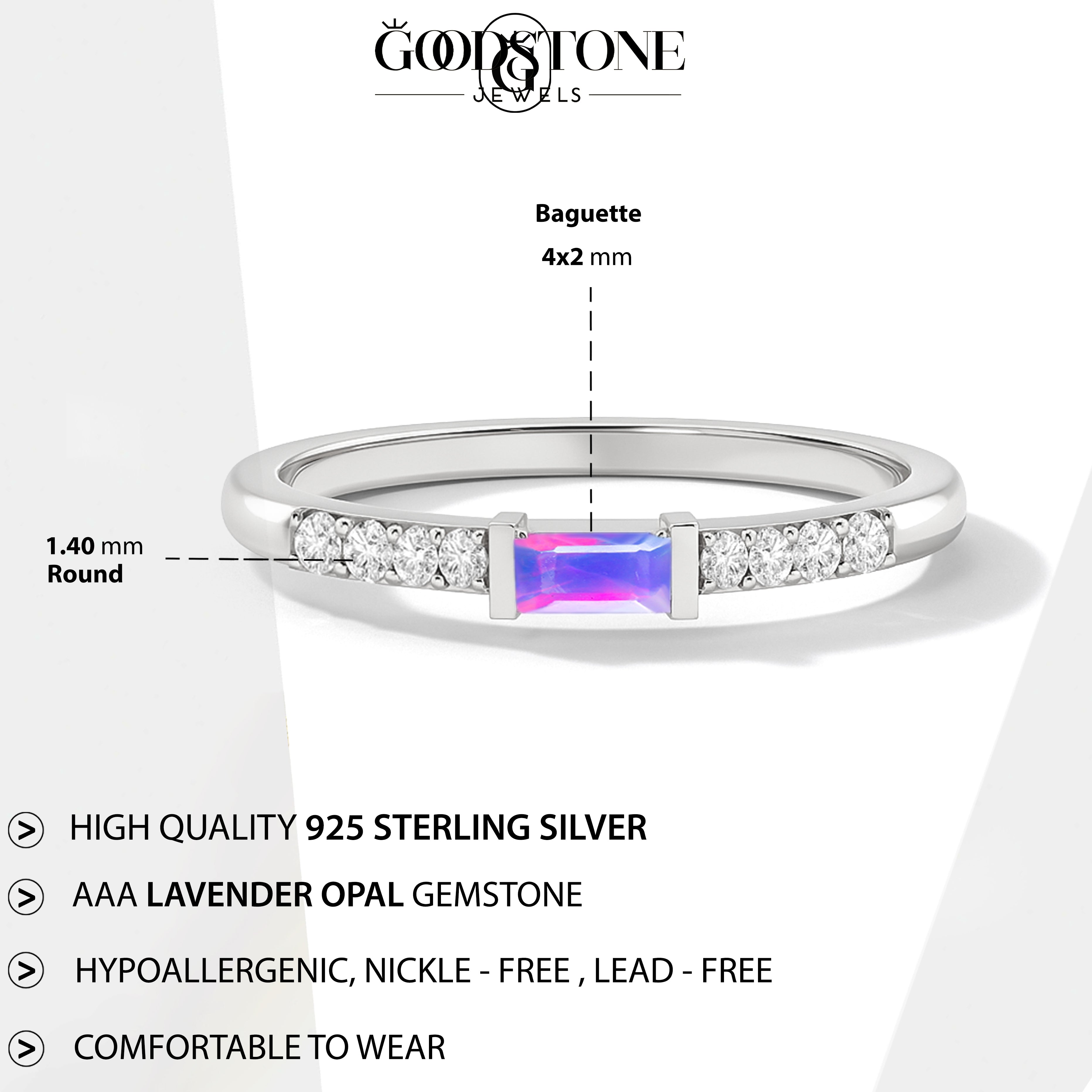 925 Sterling Silver Lavender Opal Baguette Solitaire Ring with 4x2mm Stone 0.20ct