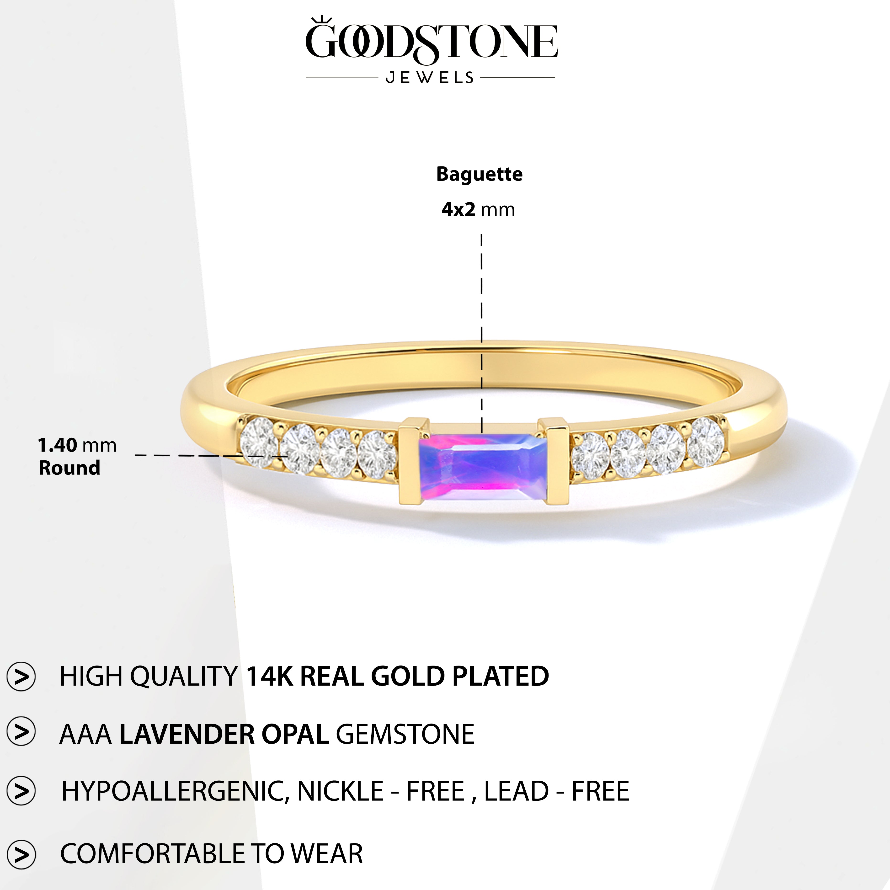 925 Sterling Silver Lavender Opal Baguette Solitaire Ring with 4x2mm Stone 0.20ct