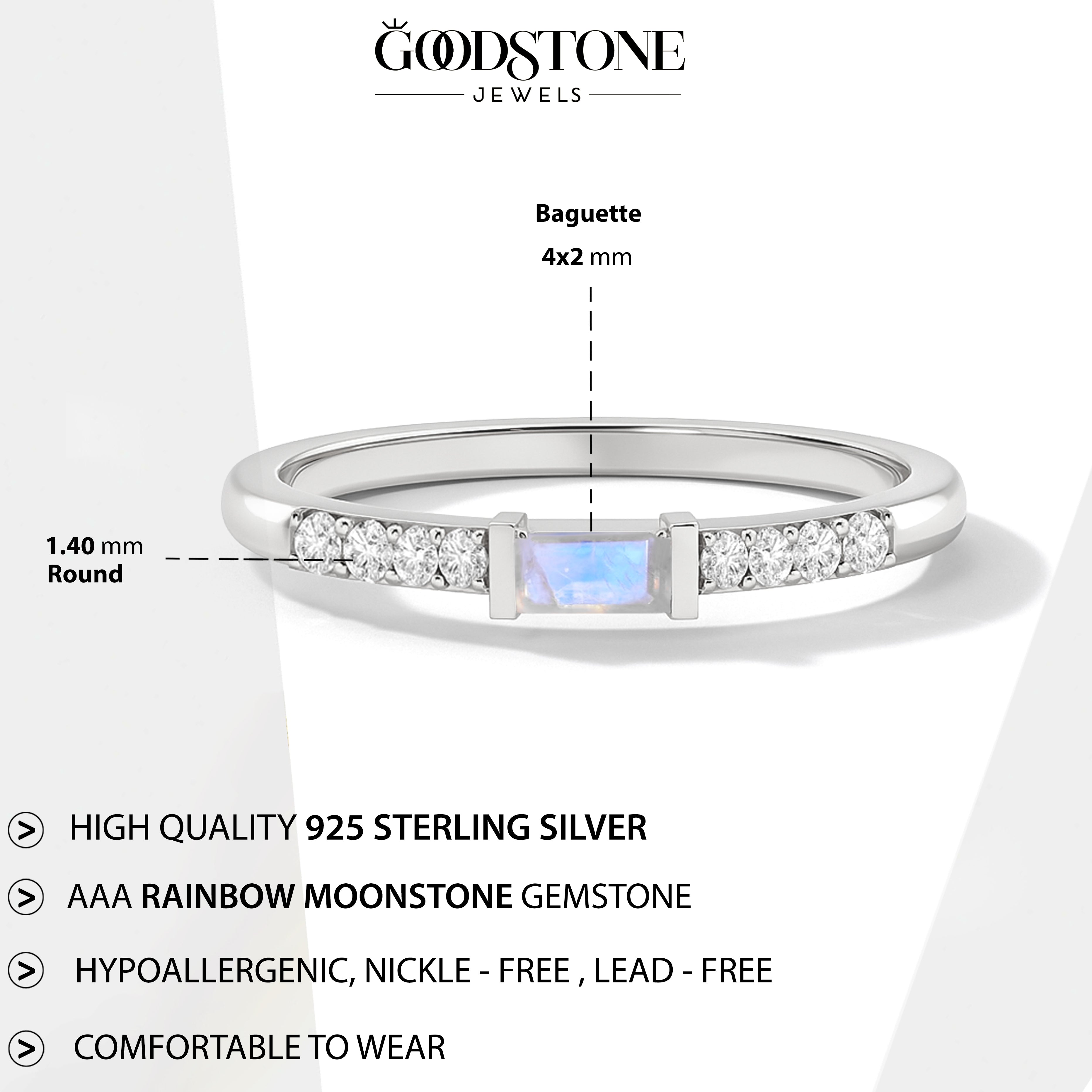 925 Sterling Silver Moonstone Baguette Solitaire Ring with 4x2mm Stone 0.30ct
