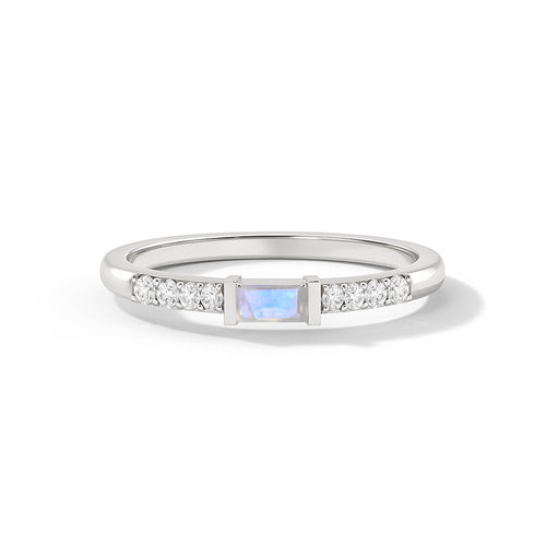 925 Sterling Silver Moonstone Baguette Solitaire Designed Ring with 4x2mm Stone 0.30ct