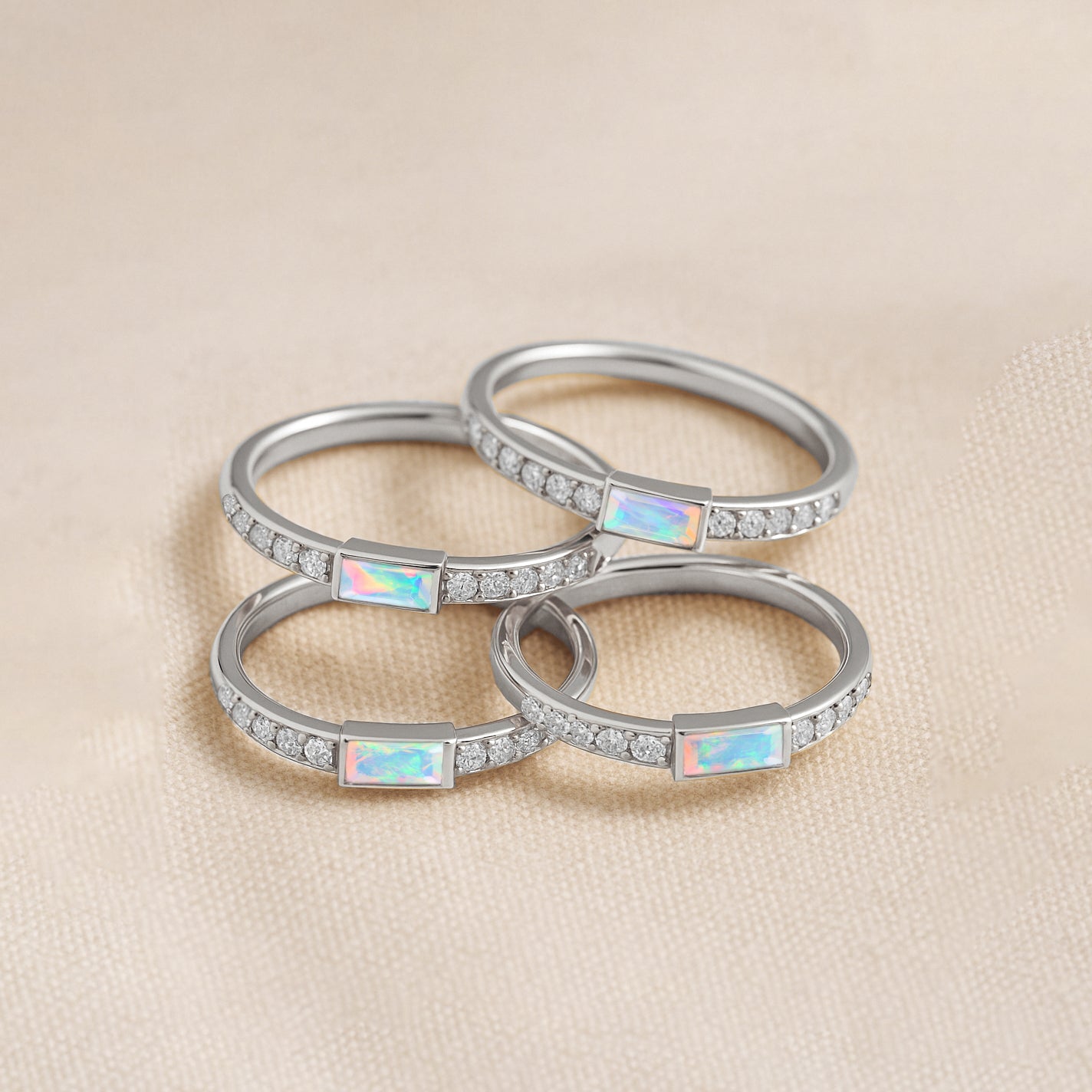 925 Sterling Silver White Opal Baguette Solitaire Ring with 4x2mm Stone 0.20ct