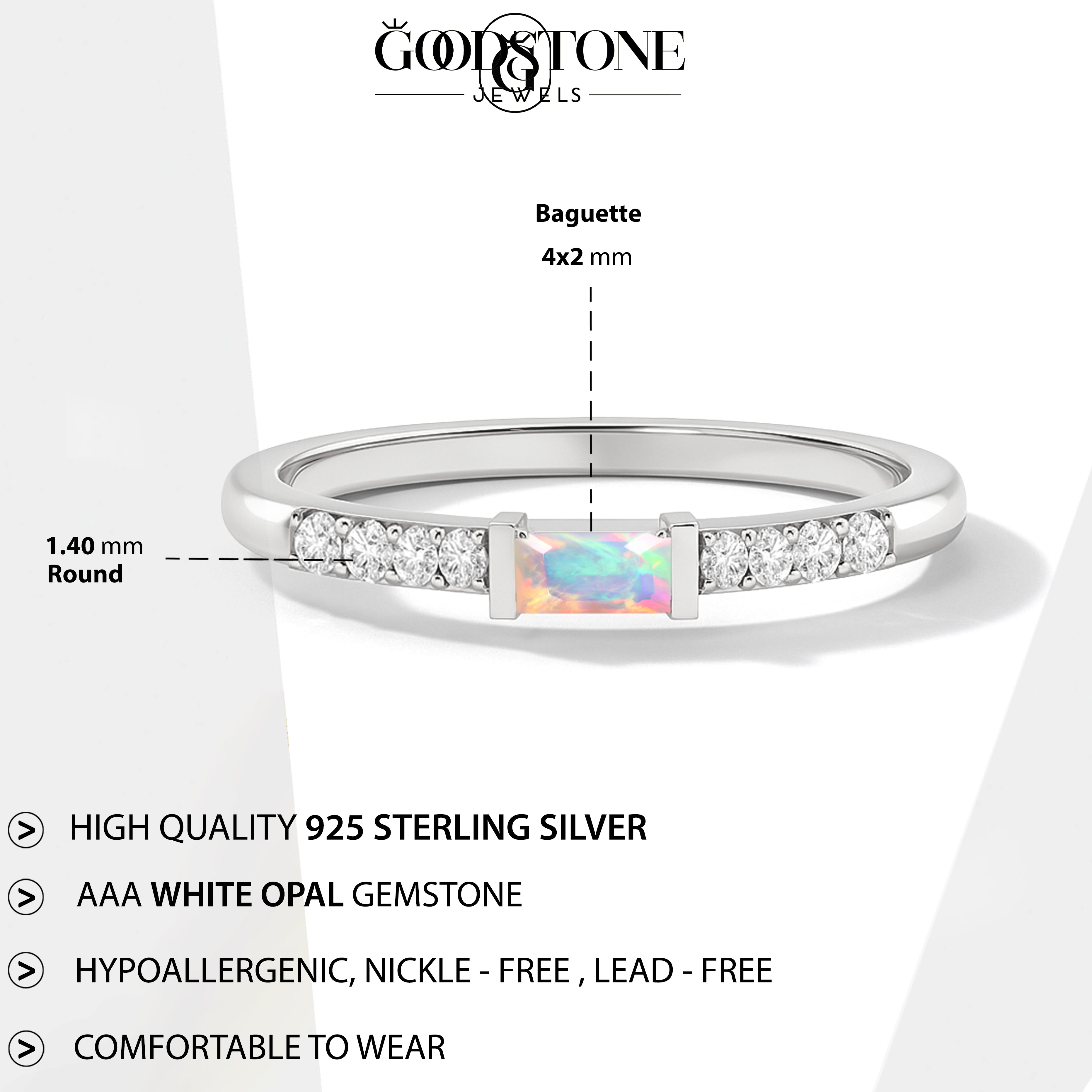 925 Sterling Silver White Opal Baguette Solitaire Ring with 4x2mm Stone 0.20ct