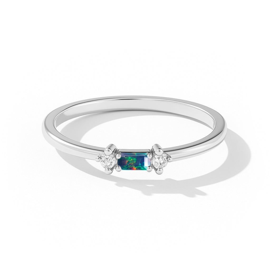 925 Sterling Silver Black Opal Baguette Solitaire Ring with 4x2mm Stone 0.20ct