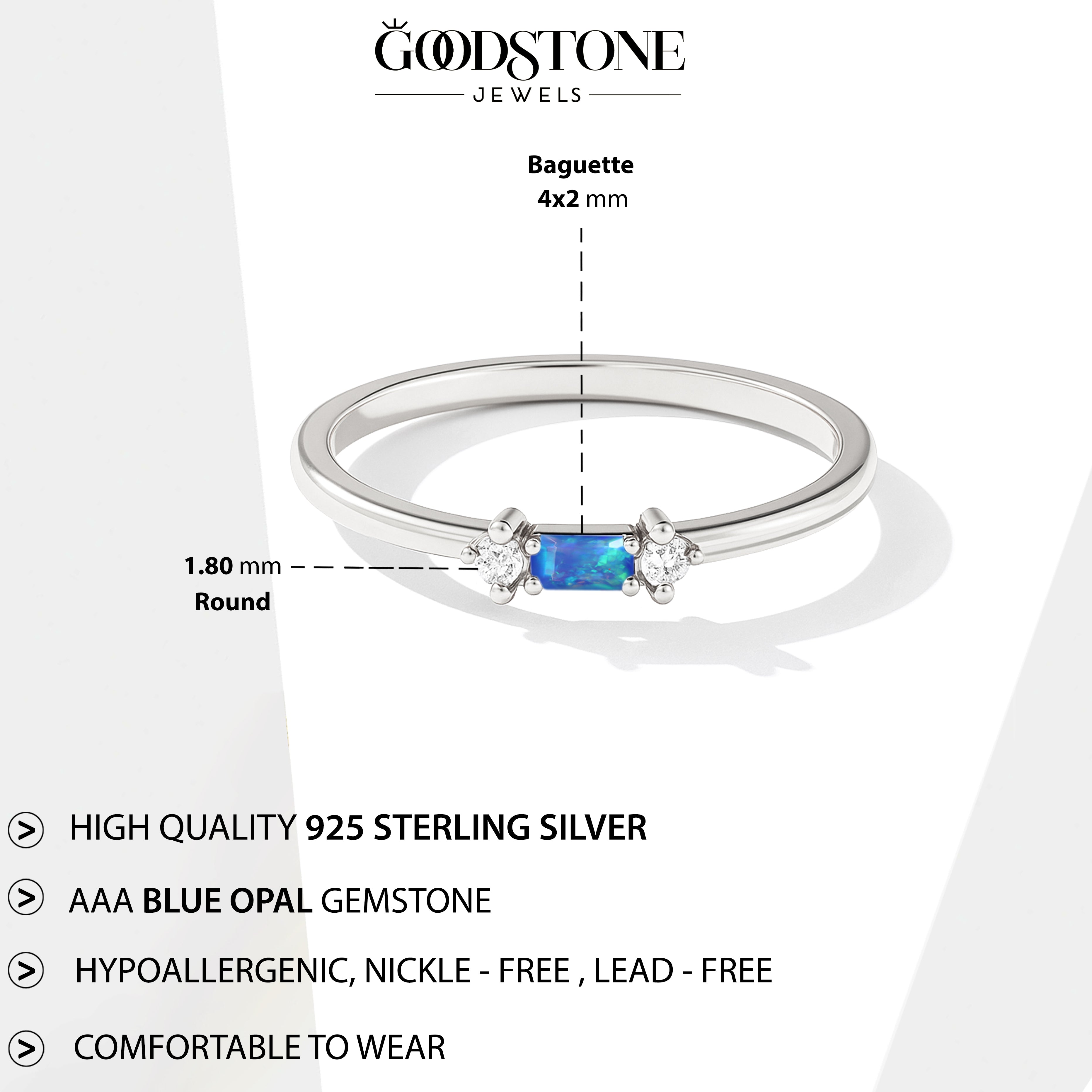 925 Sterling Silver Blue Opal Baguette Solitaire Ring with 4x2mm Stone 0.20ct