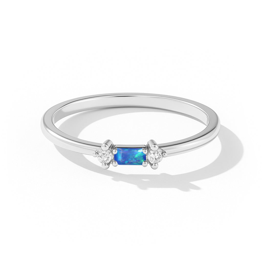 925 Sterling Silver Blue Opal Baguette Solitaire Ring with 4x2mm Stone 0.20ct