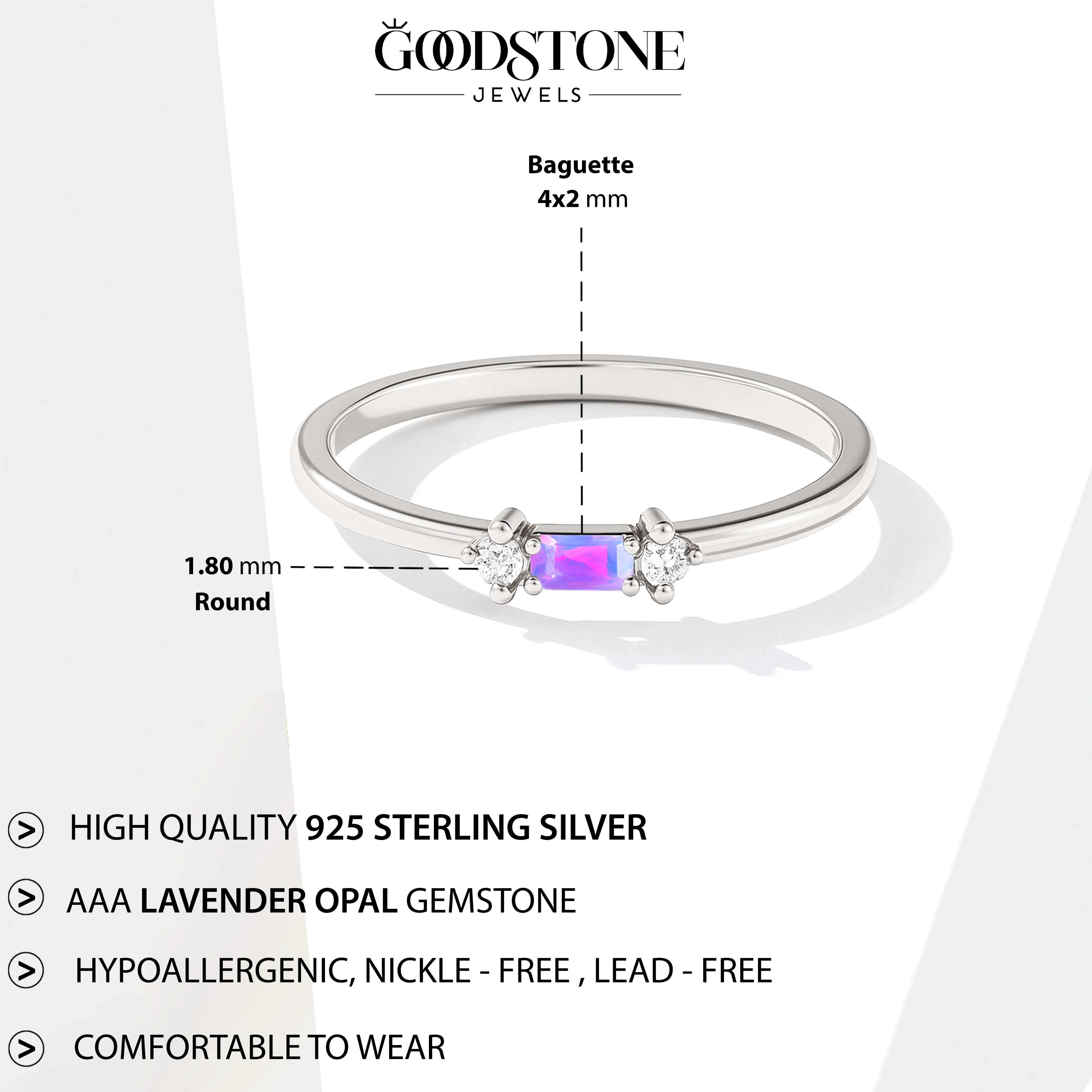 925 Sterling Silver Lavender Opal Baguette Solitaire Ring with 4x2mm Stone 0.20ct