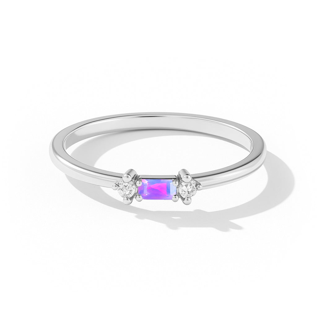 925 Sterling Silver Lavender Opal Baguette Solitaire Ring with 4x2mm Stone 0.20ct