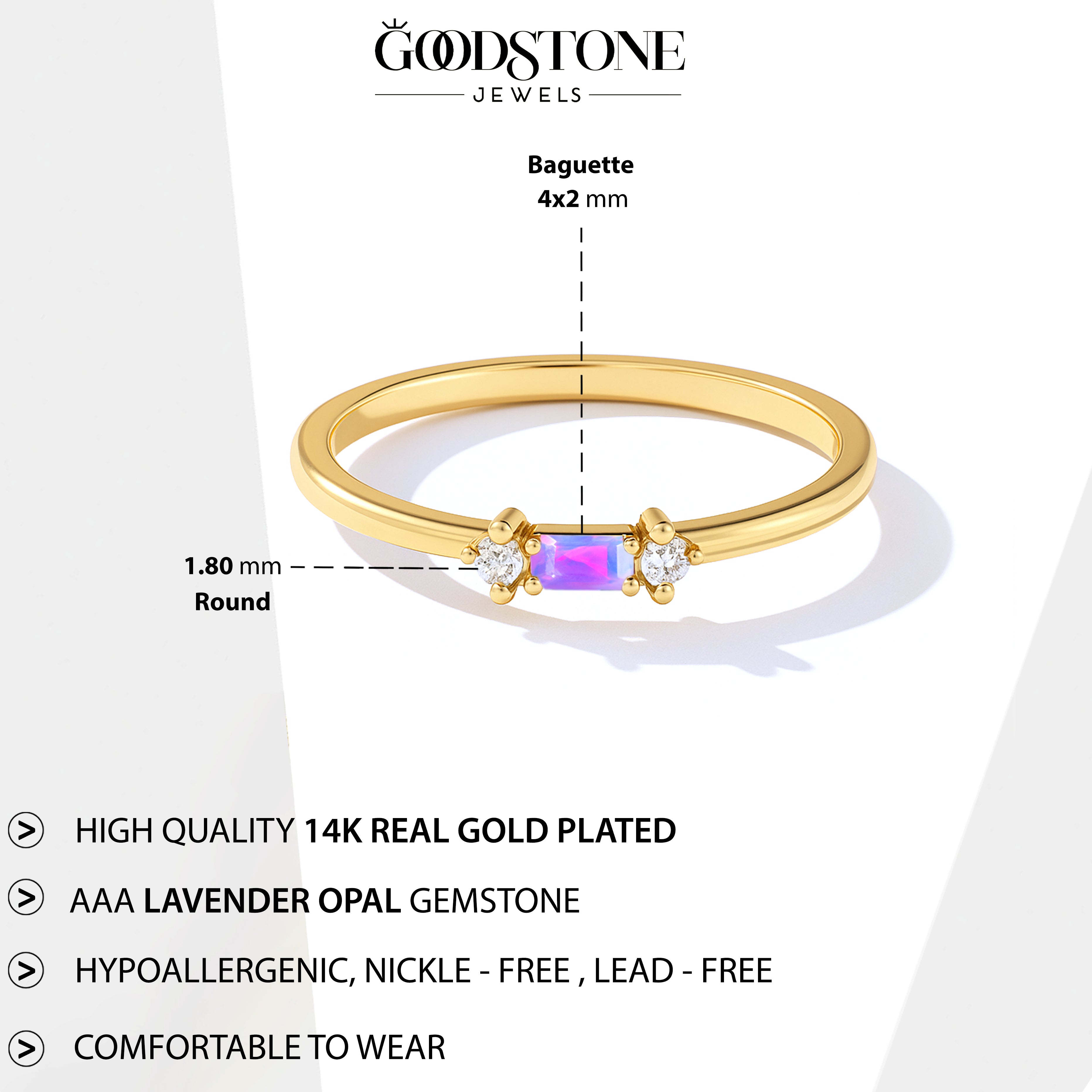 925 Sterling Silver Lavender Opal Baguette Solitaire Ring with 4x2mm Stone 0.20ct