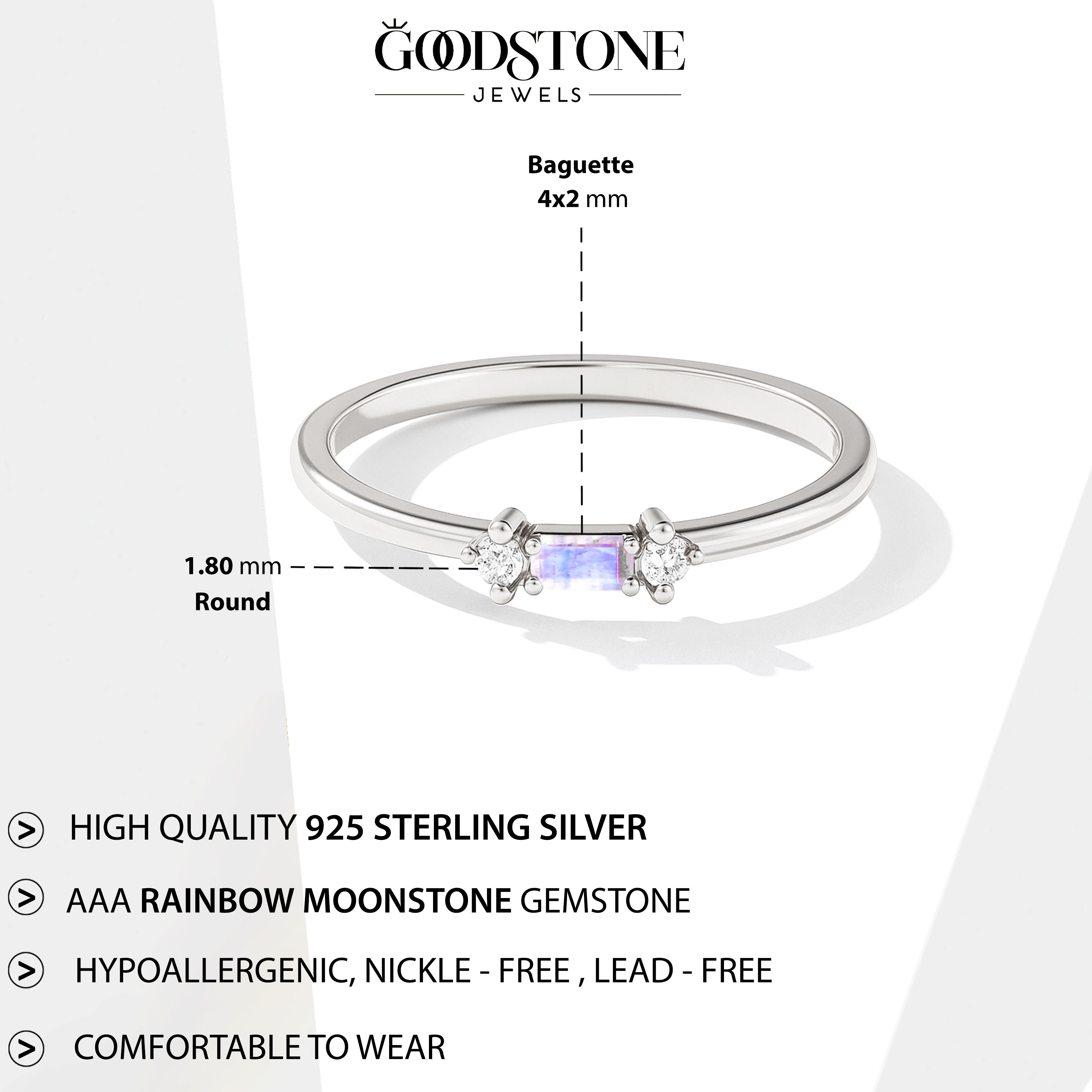 925 Sterling Silver Moonstone Baguette Solitaire Ring with 4x2mm Stone 0.30ct