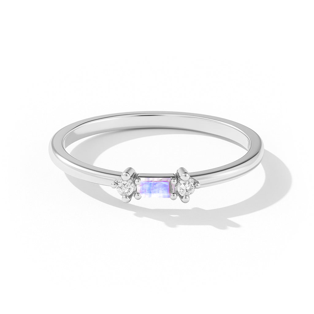 925 Sterling Silver Moonstone Baguette Solitaire Ring with 4x2mm Stone 0.30ct