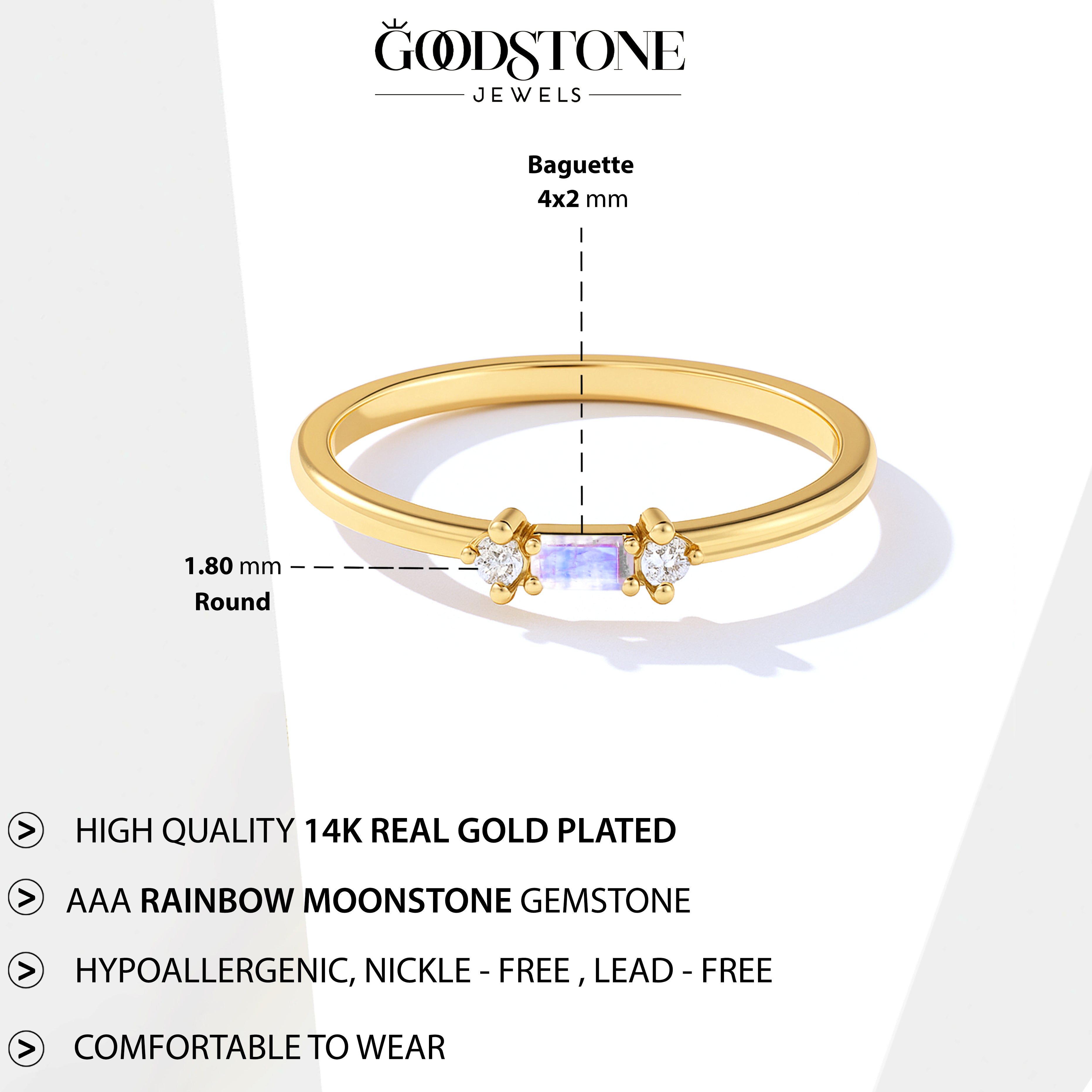 925 Sterling Silver Moonstone Baguette Solitaire Ring with 4x2mm Stone 0.30ct