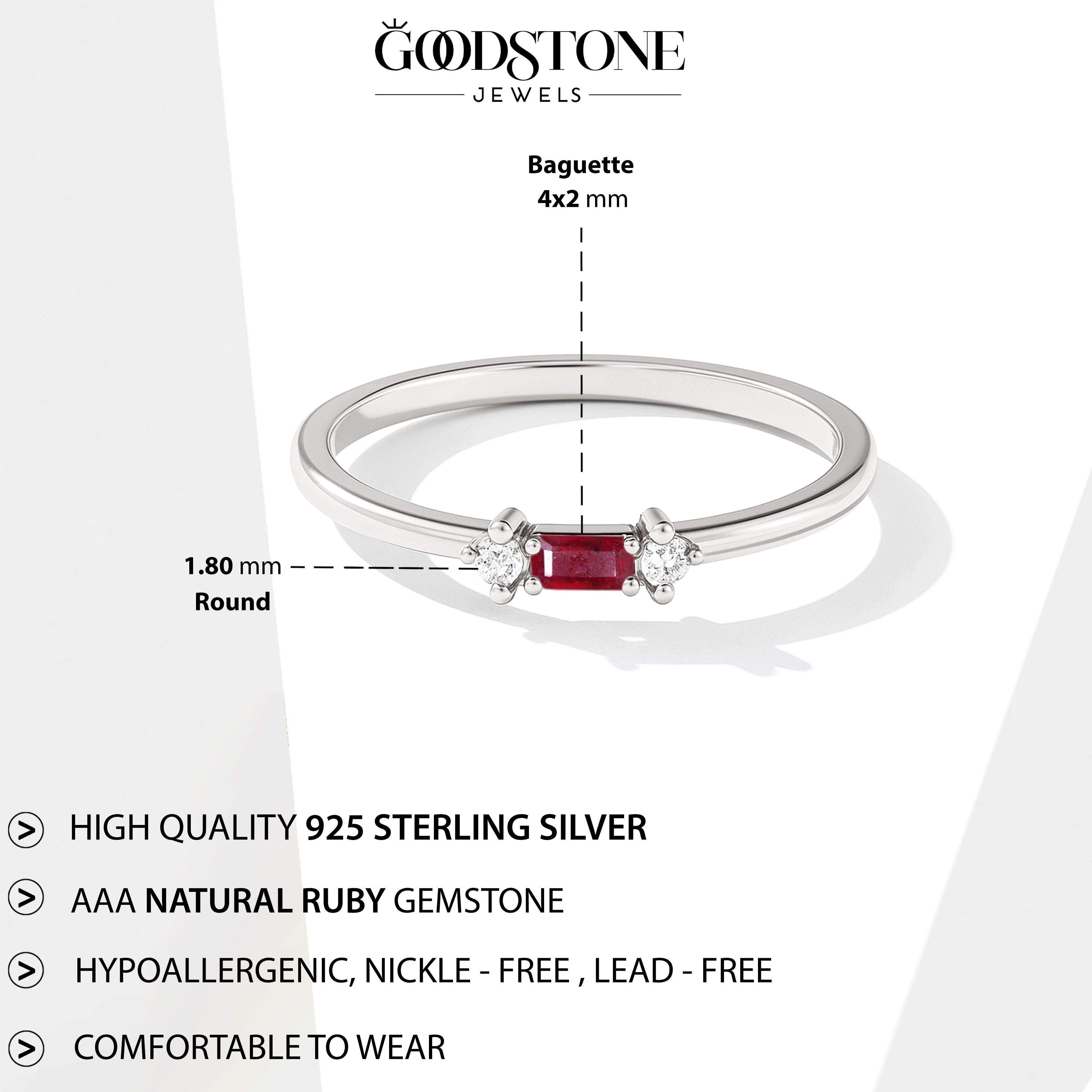 925 Sterling Silver Ruby Baguette Solitaire Ring with 4x2mm Stone 0.30ct