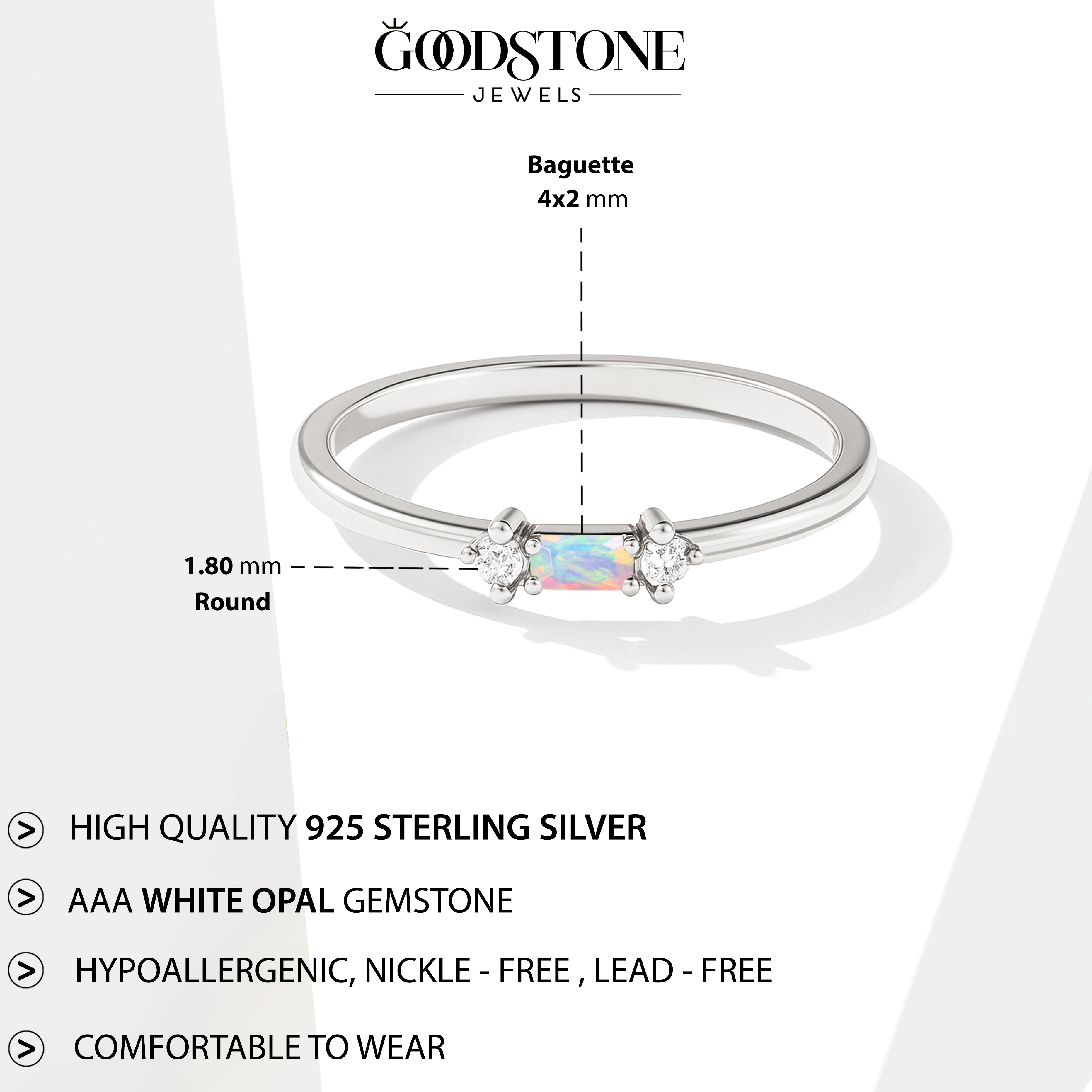 925 Sterling Silver White Opal Baguette Solitaire Ring with 4x2mm Stone 0.20ct