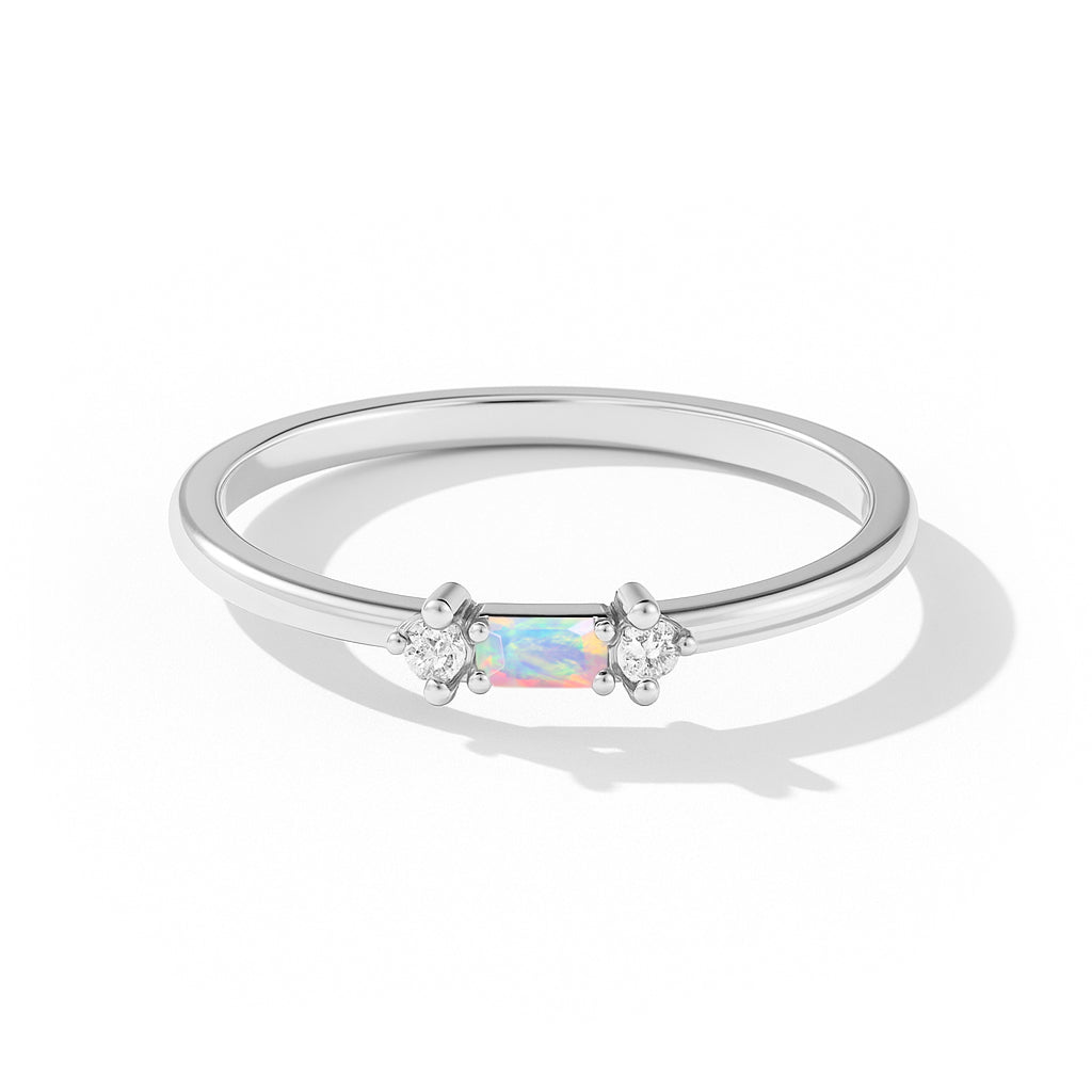 925 Sterling Silver White Opal Baguette Solitaire Ring with 4x2mm Stone 0.20ct