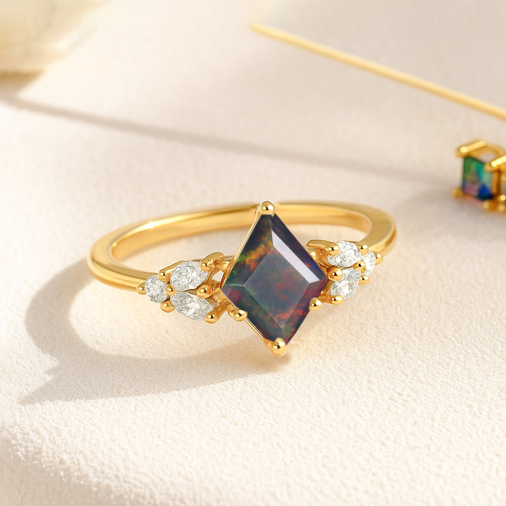 Natural Black Opal Kite Shape Faceted Cut Designer Ring with Cubic Zircon
