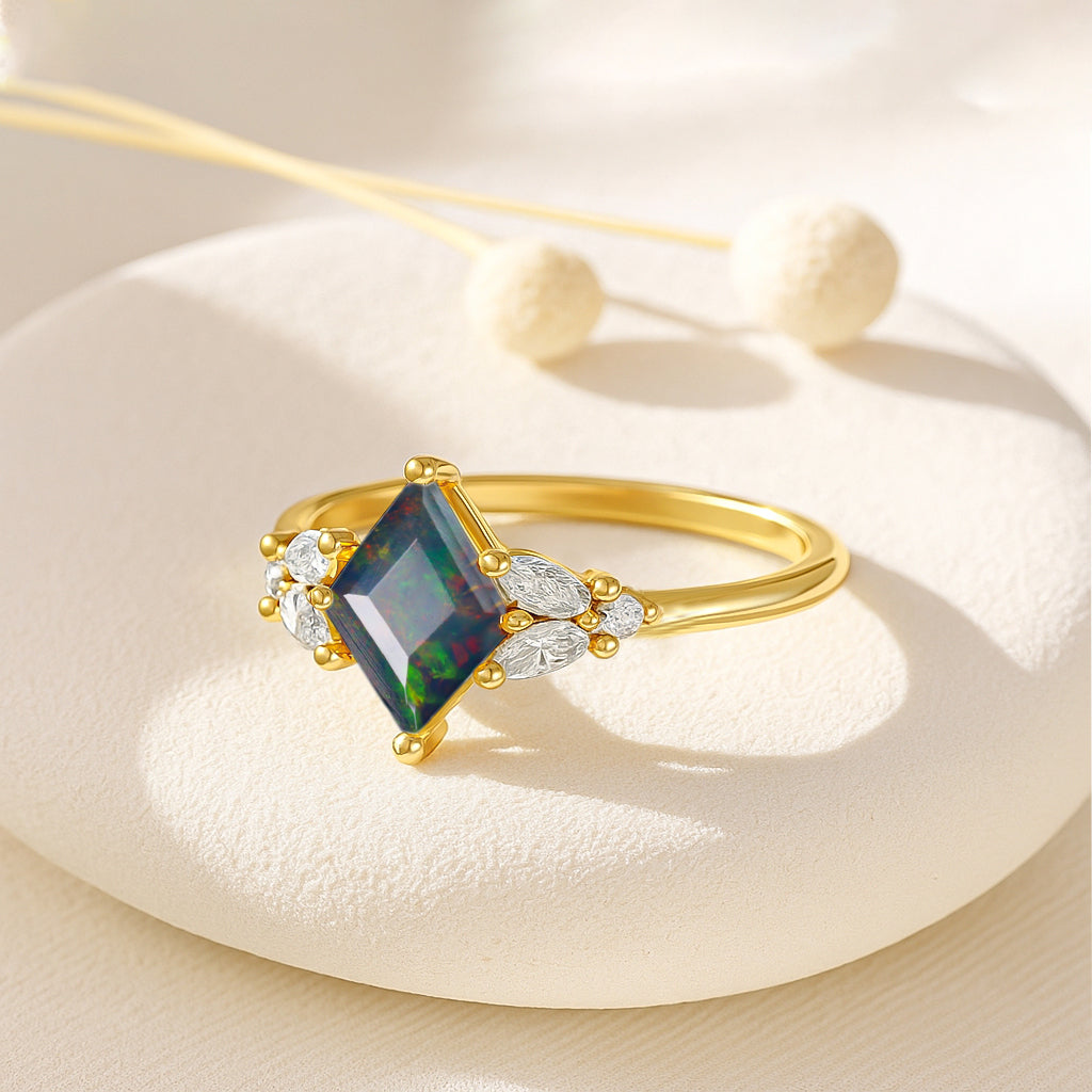 Natural Black Opal Kite Shape Faceted Cut Designer Ring with Cubic Zircon