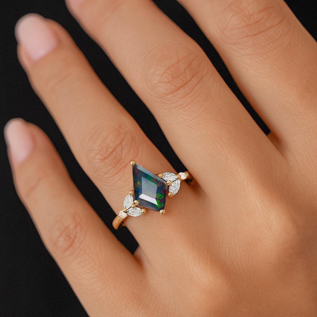 Natural Black Opal Kite Shape Faceted Cut Designer Ring with Cubic Zircon