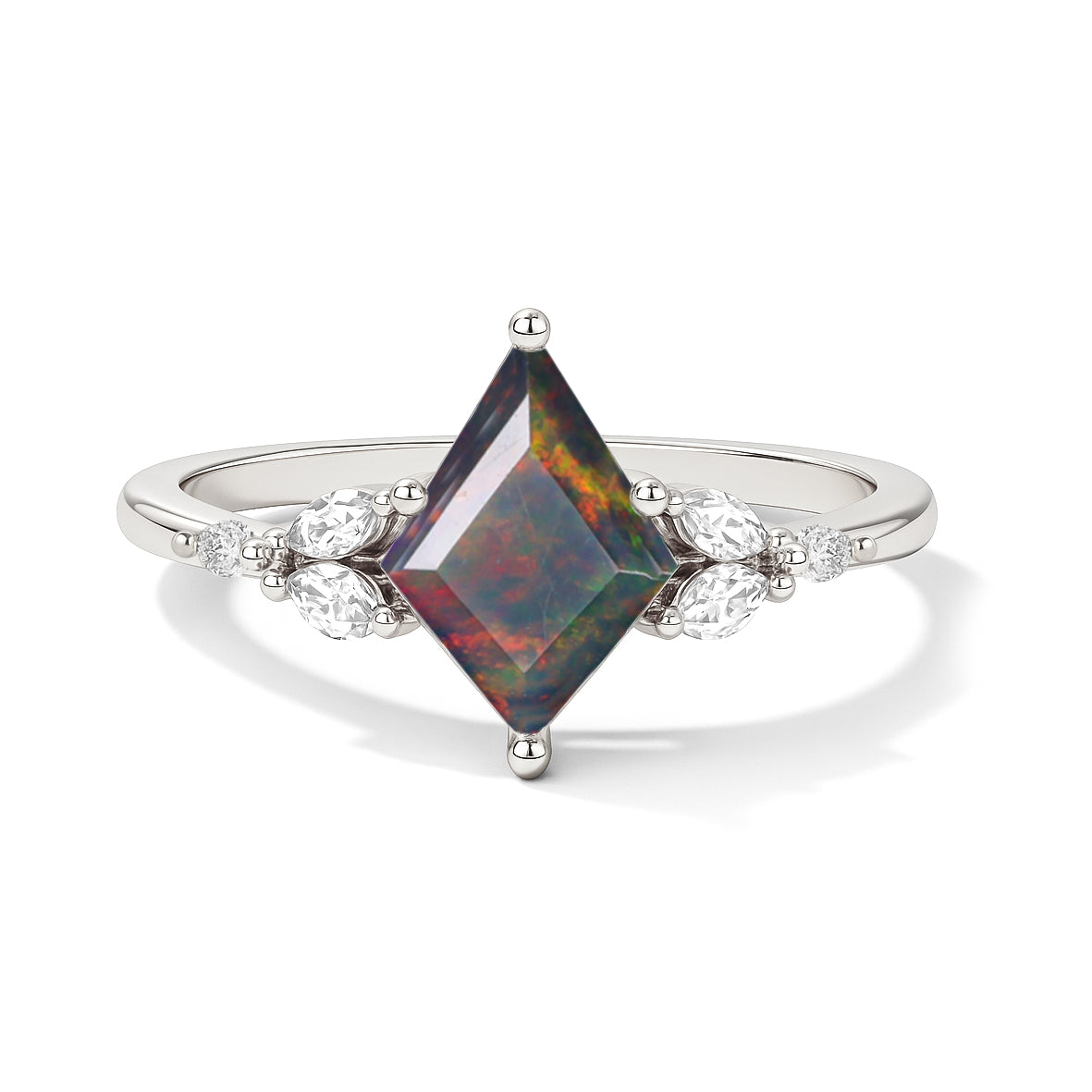 Natural Black Opal Kite Shape Faceted Cut Designer Ring with Cubic Zircon