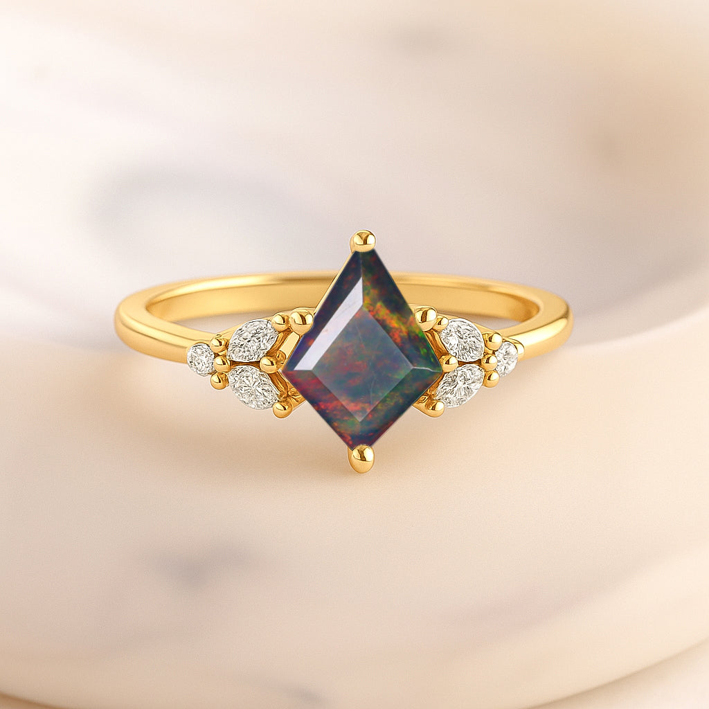 Natural Black Opal Kite Shape Faceted Cut Designer Ring with Cubic Zircon