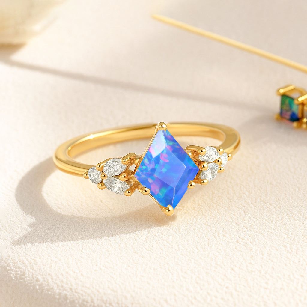 Natural Blue Opal Kite Shape Faceted Cut Designer Ring with Cubic Zircon