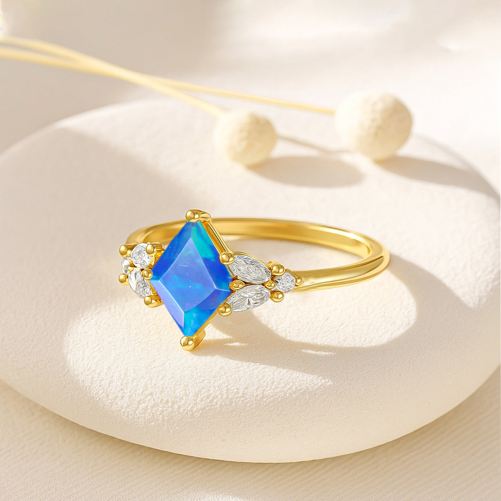 Natural Blue Opal Kite Shape Faceted Cut Designer Ring with Cubic Zircon