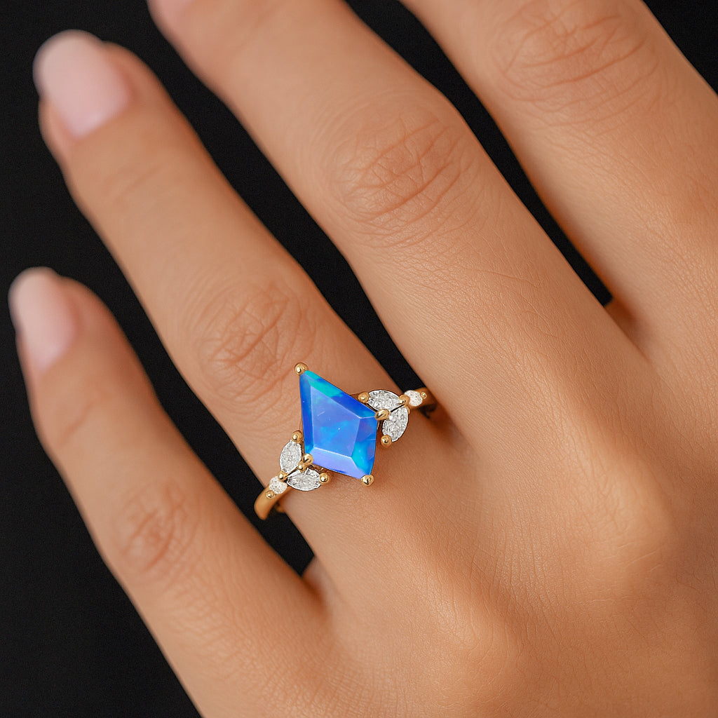 Natural Blue Opal Kite Shape Faceted Cut Designer Ring with Cubic Zircon